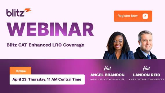 Blitz webinar on CAT Enhanced LRO Coverage April 23 11 AM CT with hosts Angel Brandon and Landon Reid