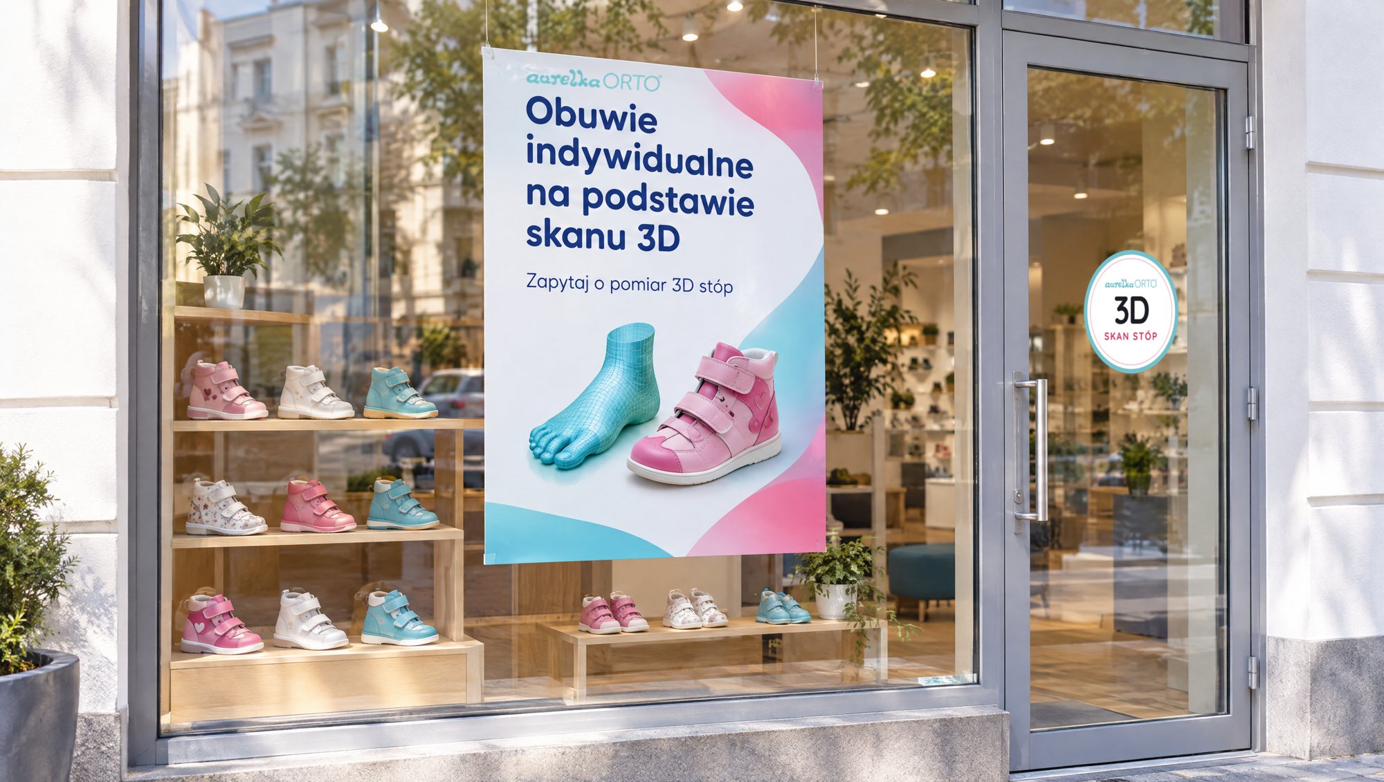Witryna sklepu ortopedycznego z plakatem Aurelka ORTO „Obuwie indywidualne na podstawie skanu 3D” i naklejką „3D skan stóp” na drzwiach