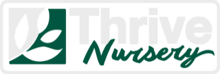 Thrive Nursery logo with stylized leaf graphic and text.