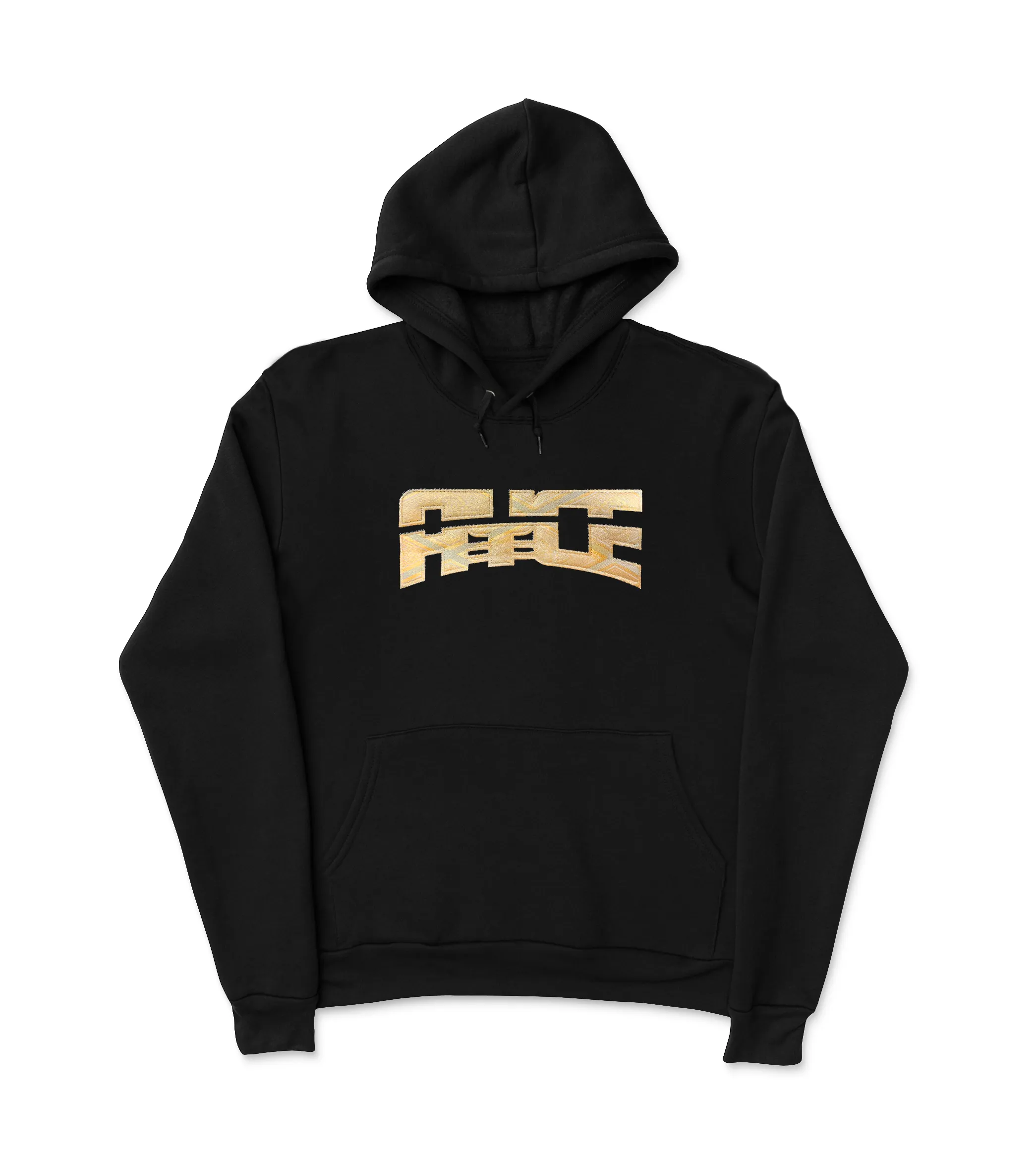 Black hoodie with a bold, gold graphic on the chest displaying a stylized design. The hoodie has a front pocket and a drawstring hood by DCL Productions