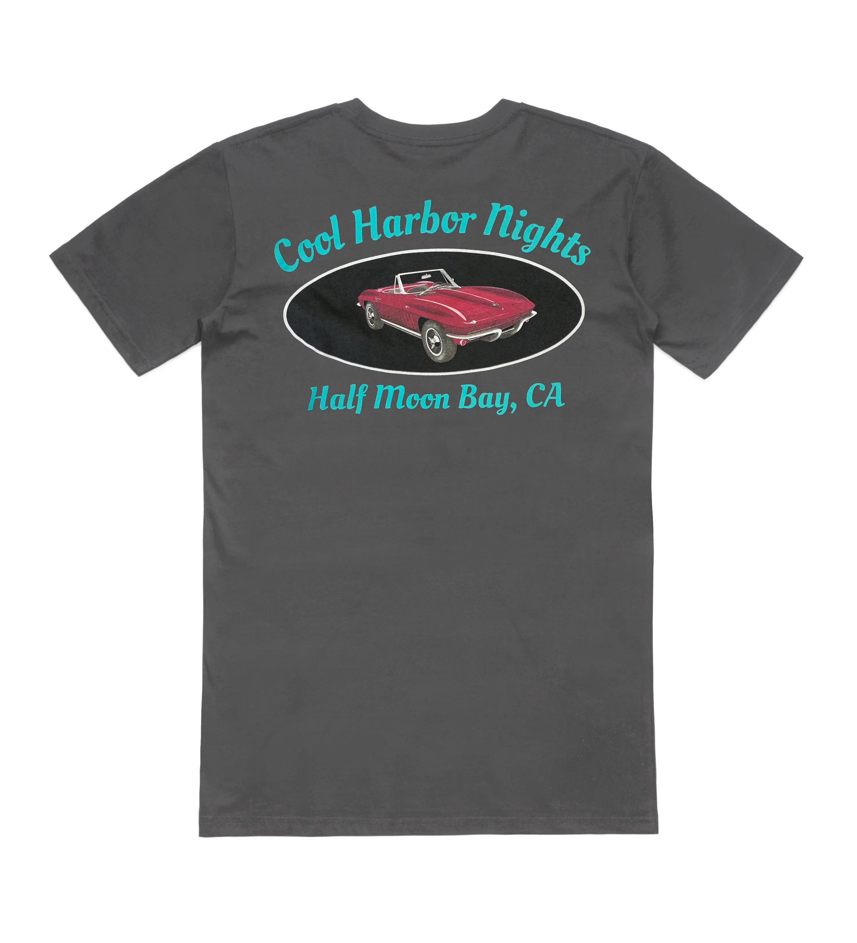 Gray T-shirt with a vintage red convertible car graphic. Text above reads "Cool Harbor Nights" and below "Half Moon Bay, CA" in blue-green font by DCL Productions