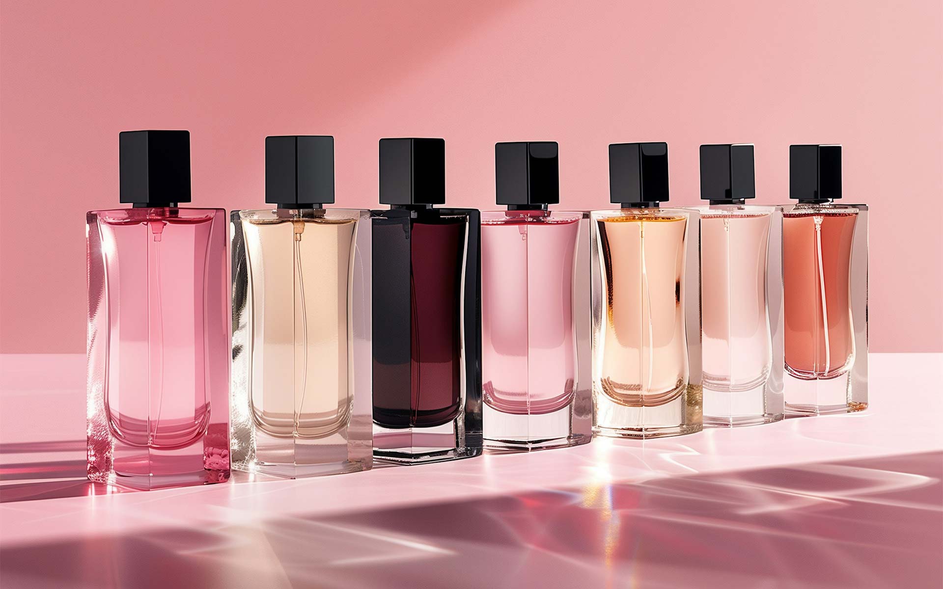 Colorful bottles with perfumes.