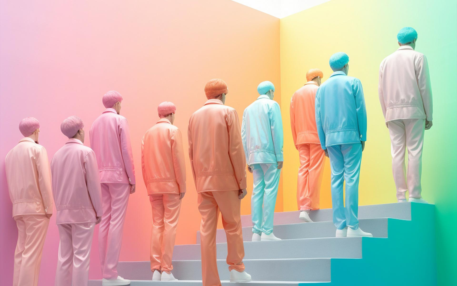 People in colorful suits have their backs turned.