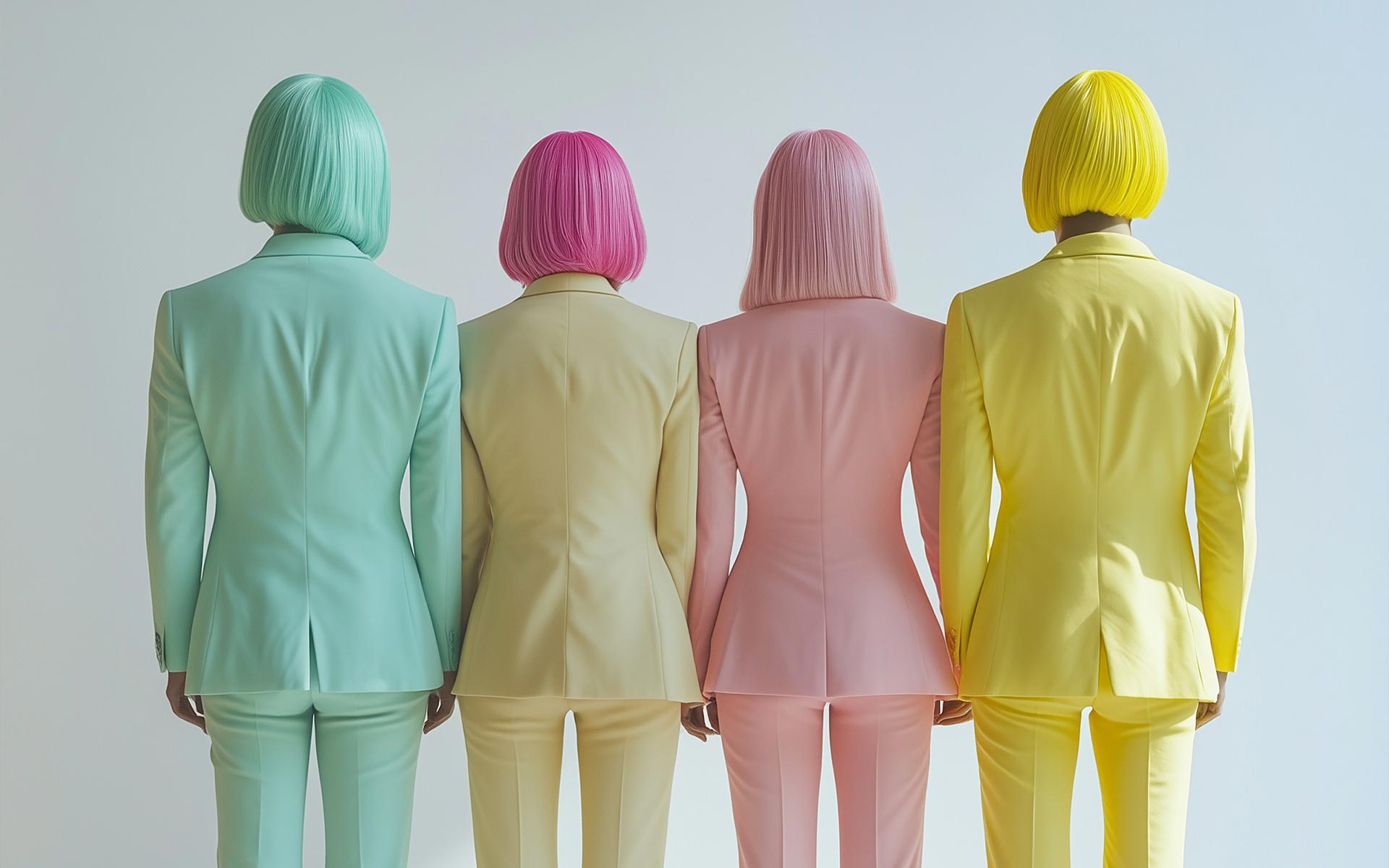 People in colorful suits have their backs turned.