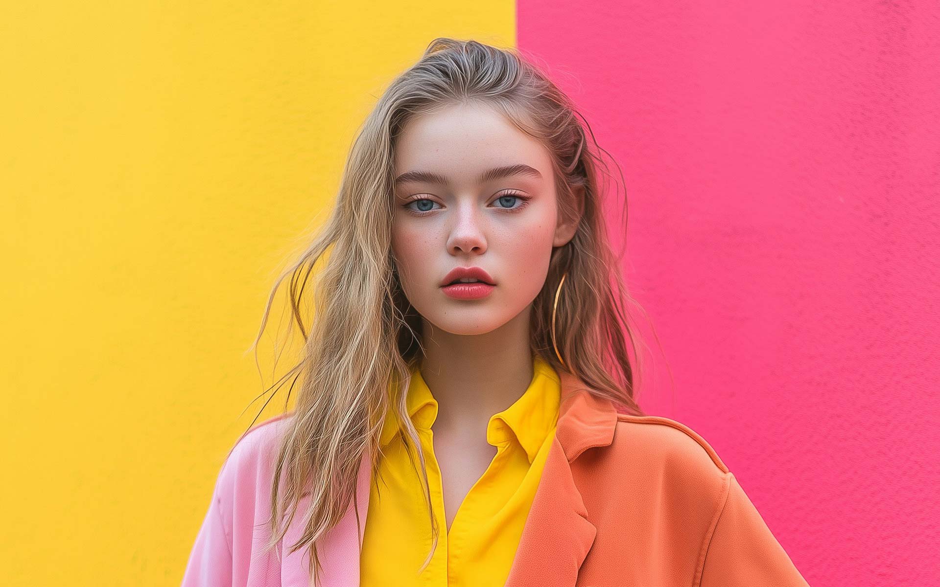 Beautiful woman on the yellow-magenta background.