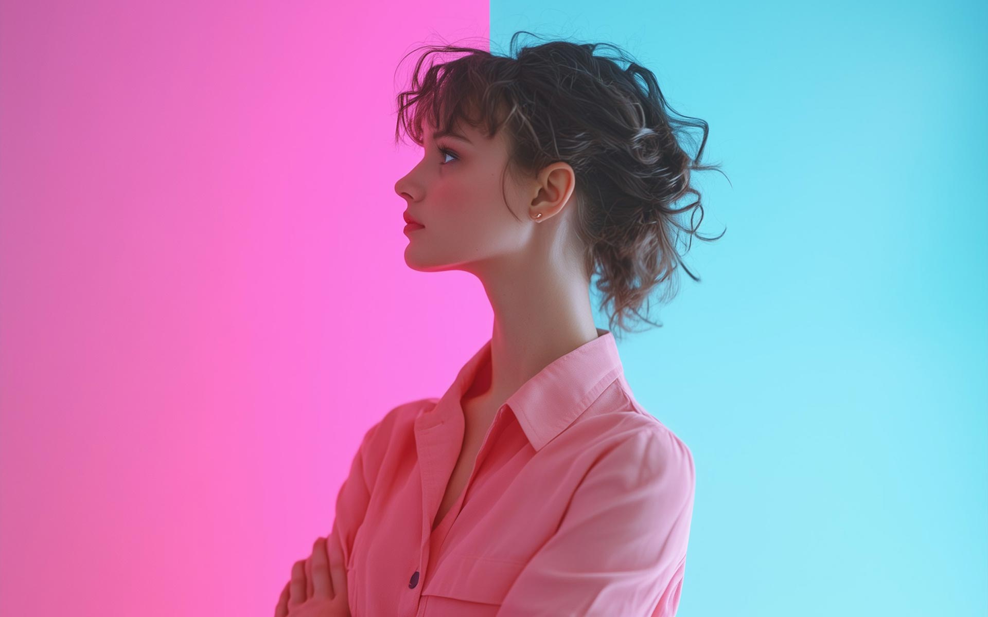 Beautiful woman on the magenta-cyan background.