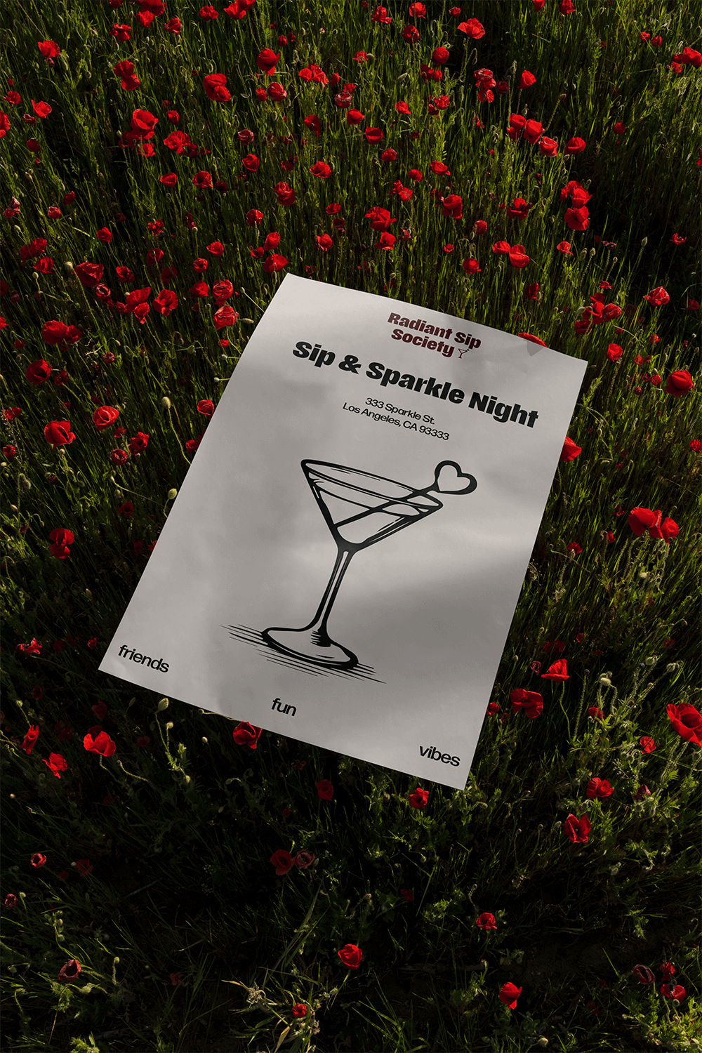 poster mockup of Radiant Sip Society on top of a flower field