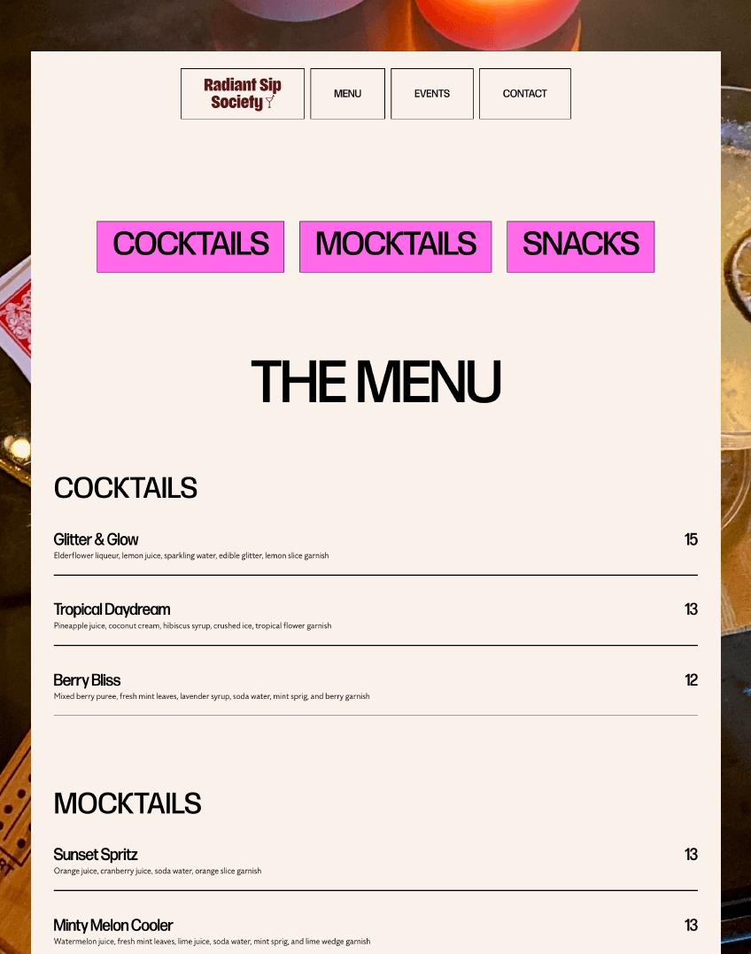 screenshot of the menu page on Radiant Sip Society's website