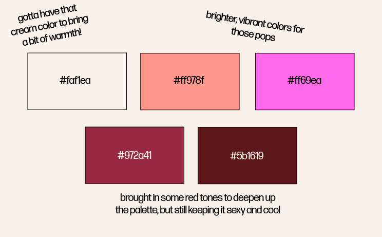color palette of Radiant Sip Society featuring a cream, peach, hot pink, burgundy, and dark red