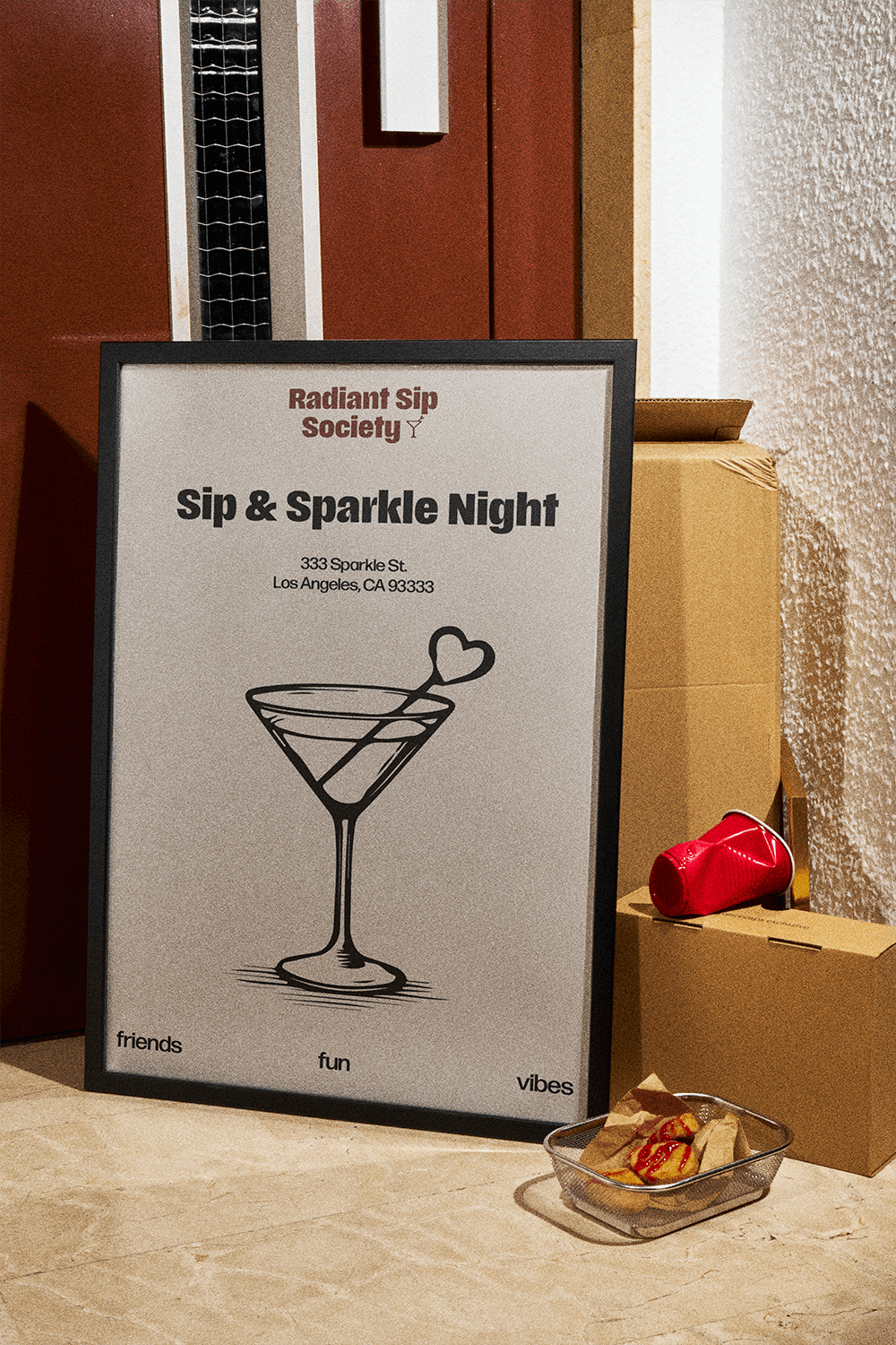 poster mockup of Radiant Sip Society in a frame next to some food