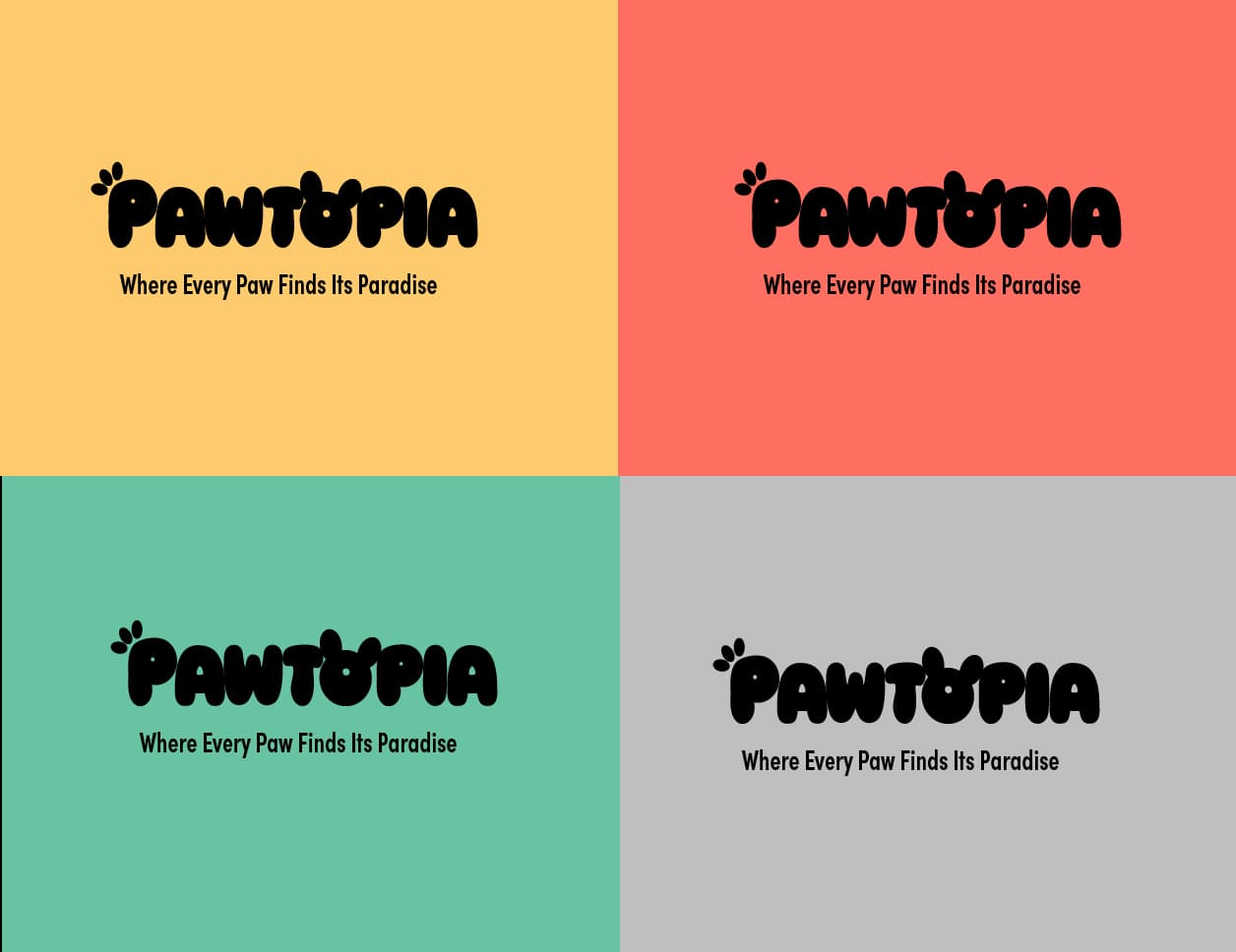 Pawtopia primary logo on top of the color palette featuring yellow, coral, teal, and gray