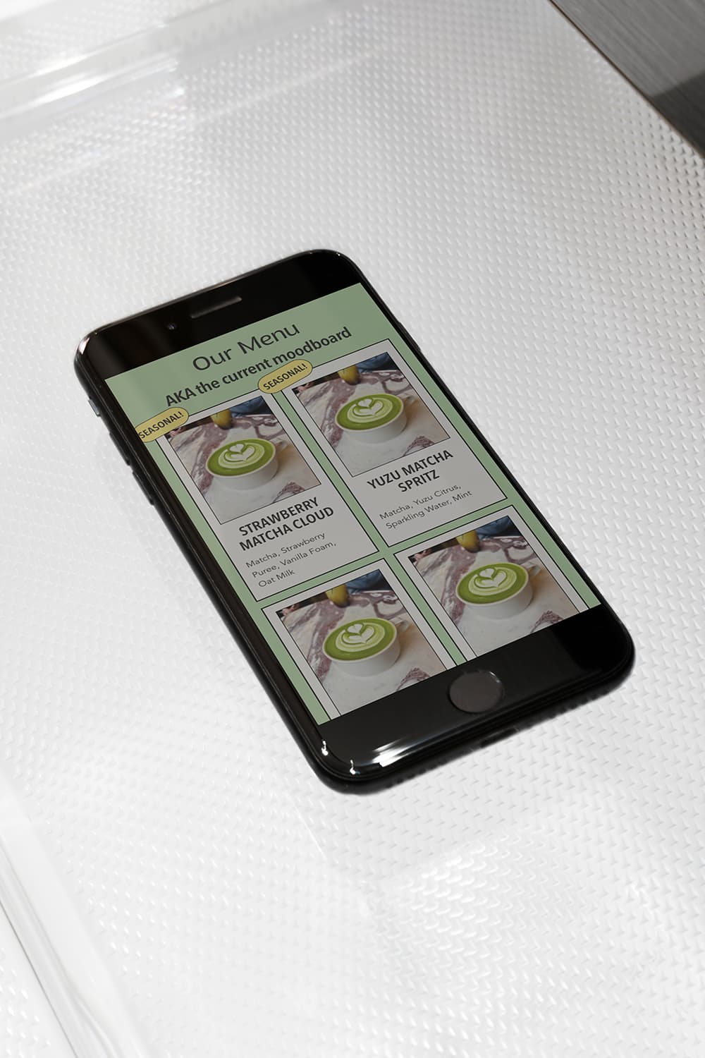 Phone mockup of Matcha Mood website focused on the menu section