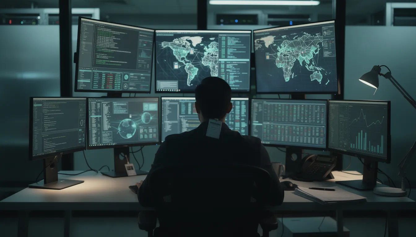 The image shows a certified CMMC professional (CCP) analyzing data on multiple computer monitors in a secure office environment, highlighting the importance of cybersecurity maturity model certification in ensuring compliance and protecting sensitive information. The certified cmmc professional appears focused, embodying the role of a cybersecurity expert in the Defense Industrial Base (DIB) and participating in the Cyber Abs CMMC Ecosystem.