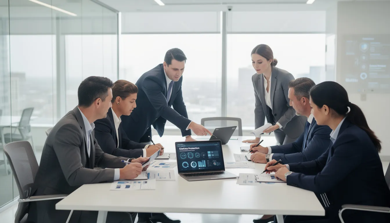 A diverse group of professionals is gathered in a modern office, engaged in a discussion about cybersecurity documents, likely related to the CMMC certification process. The atmosphere is collaborative, reflecting the importance of compliance and risk management in the defense industrial base.
