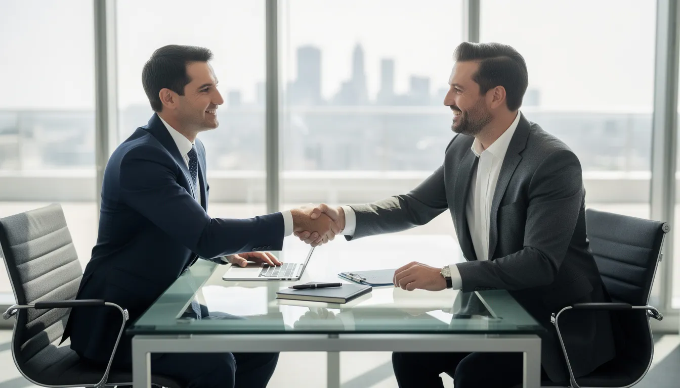 The image depicts a professional in business attire shaking hands with another individual, symbolizing a successful job interview. This moment reflects a positive outcome, possibly related to roles in cybersecurity, such as a certified CMMC professional (CCP) or certified cmmc assessor (CCA), emphasizing the importance of compliance and readiness in the defense supply chain.