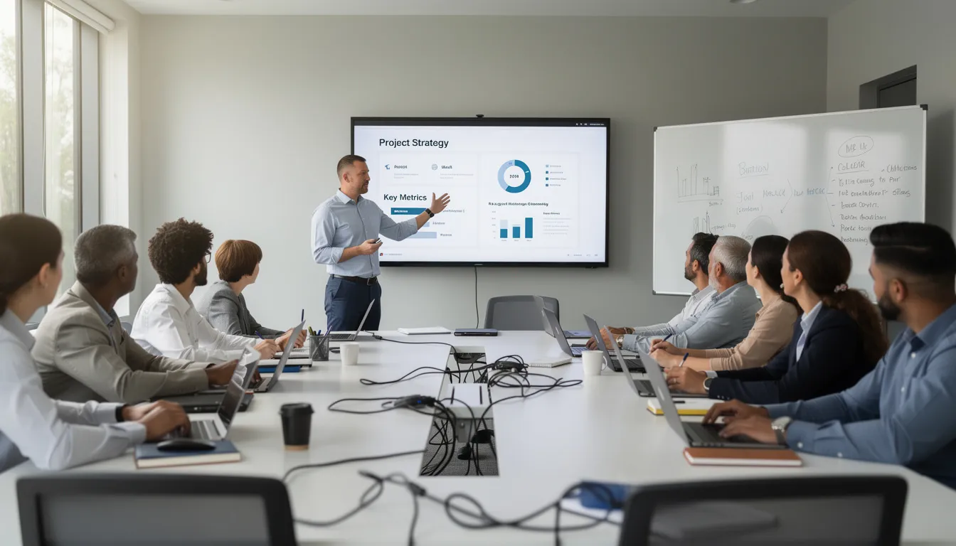 The image shows an instructor leading a classroom session with a group of students engaged in learning about cybersecurity maturity model certification, utilizing laptops, presentation screens, and CMMC training academy materials. This educational environment emphasizes the importance of CMMC training and preparing organizations for compliance with cybersecurity requirements.