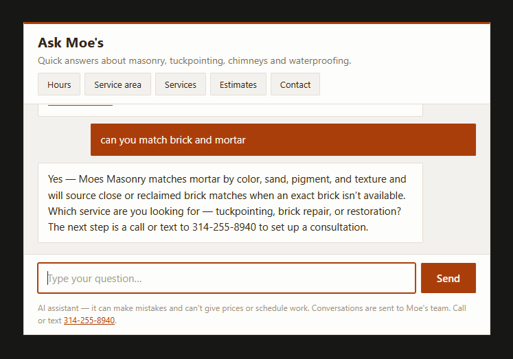 Ask Moe's chat widget answering a question about brick and mortar matching
