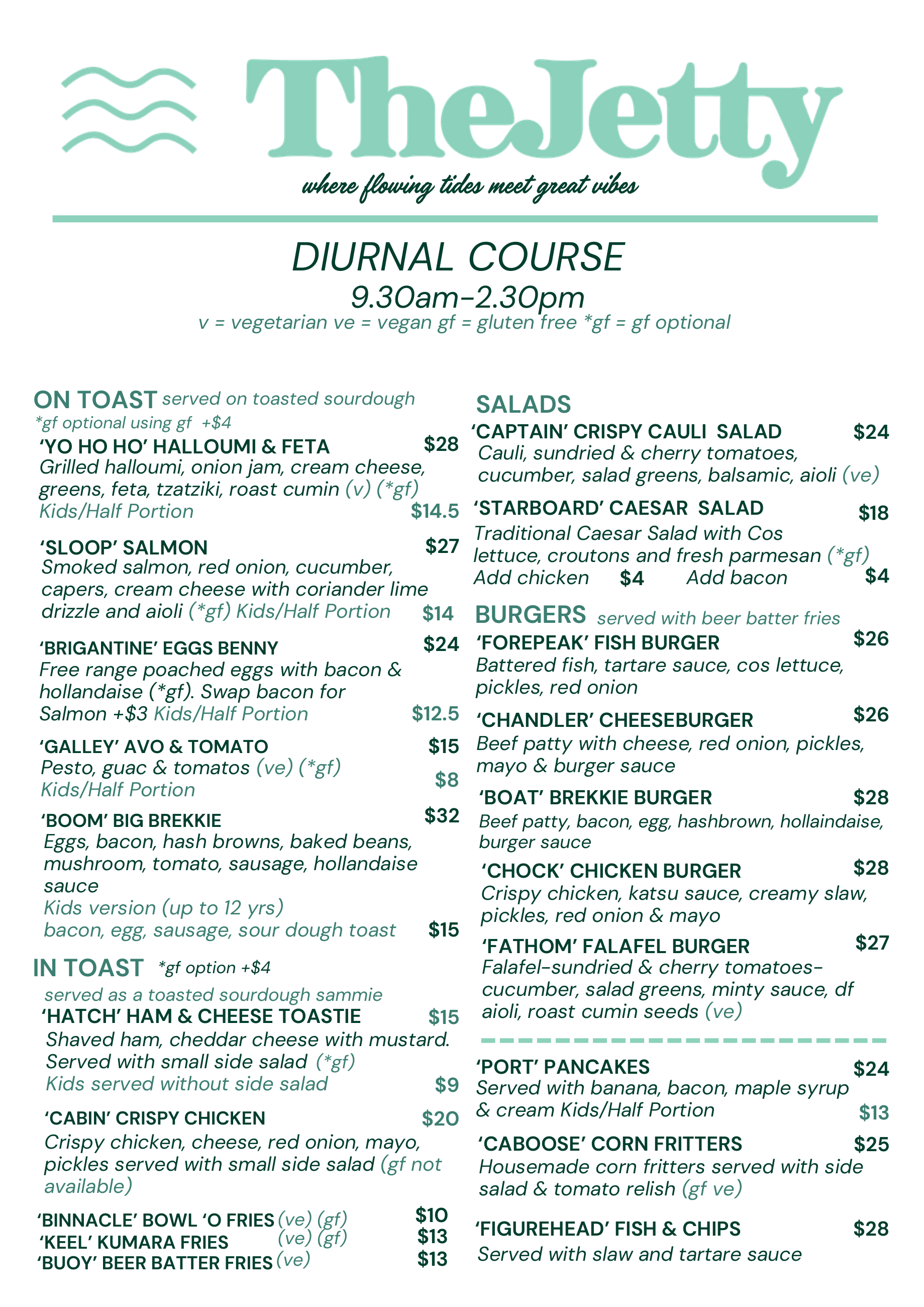 The Jetty Day Menu, September 2026. Diurnal Course, served 9.30am–2.30pm.