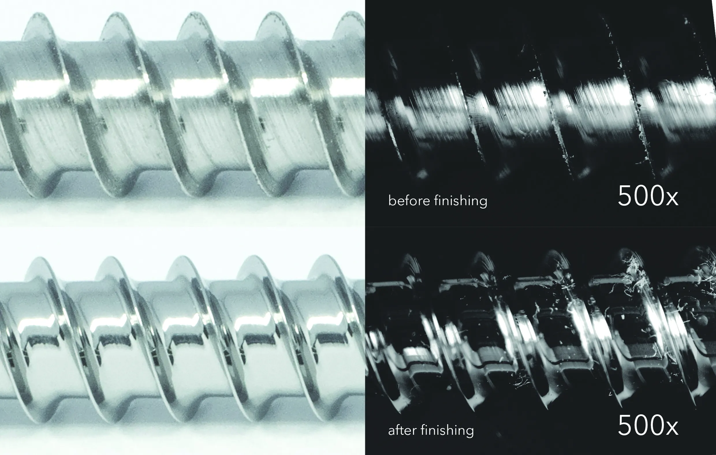 Comparison of a metallic screw before and after finishing, with 500x magnification showing rough surface before and smooth surface after finishing.