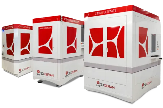 Three white and red 3D ceramic printing machines labeled C101 EASY FAB, C1000 FLEXIMATIC, and C3600 ULTIMATE.