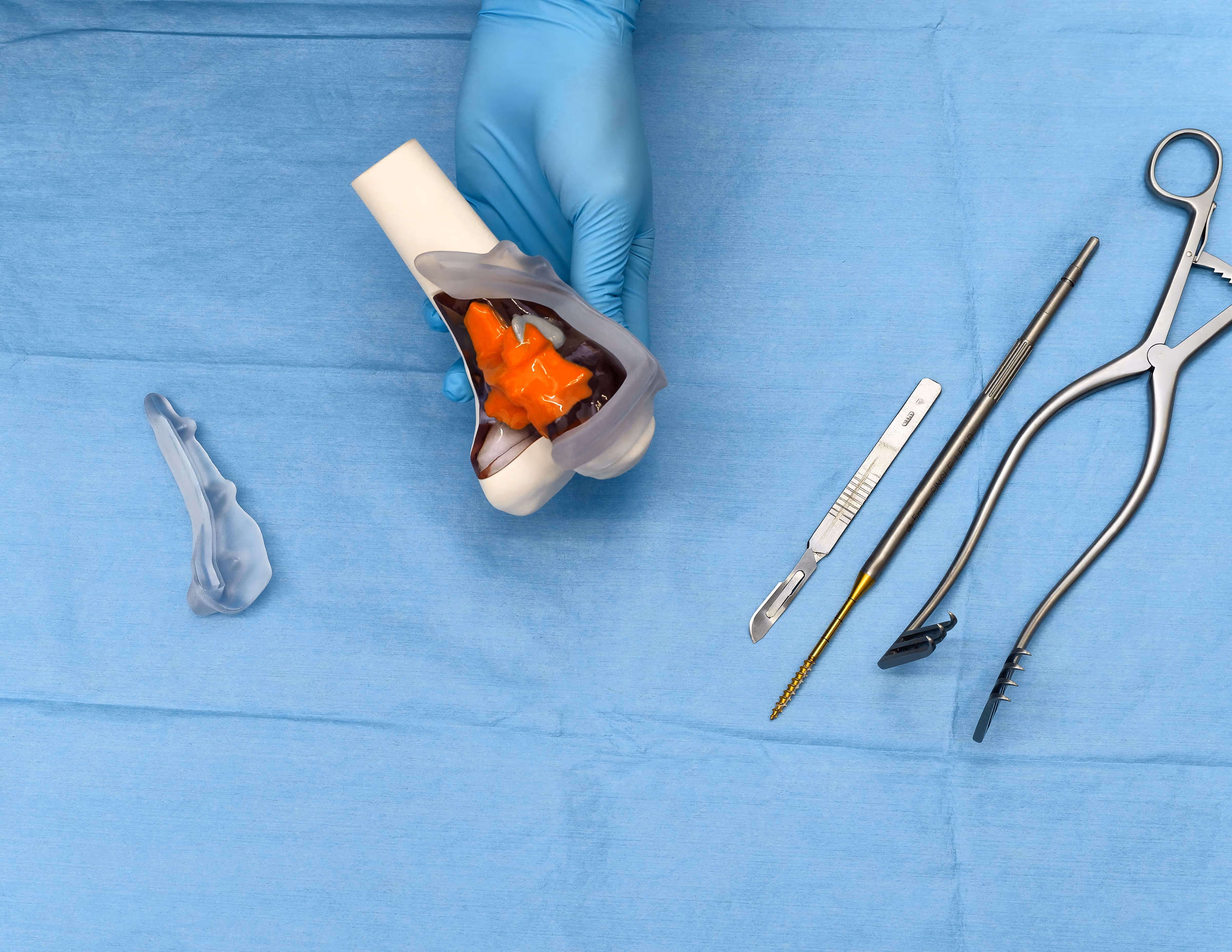 Gloved hand holding a surgical bone model with orange filling, alongside surgical tools including a scalpel, drill bit, and bone clamps on a blue sterile drape.
