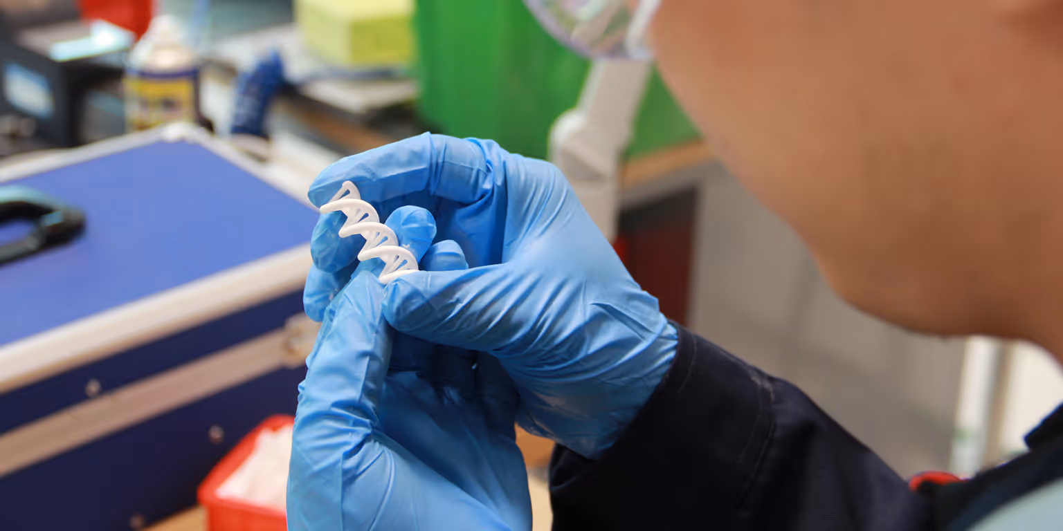 Person wearing blue gloves holding a white 3D-printed spiral object in a lab setting.