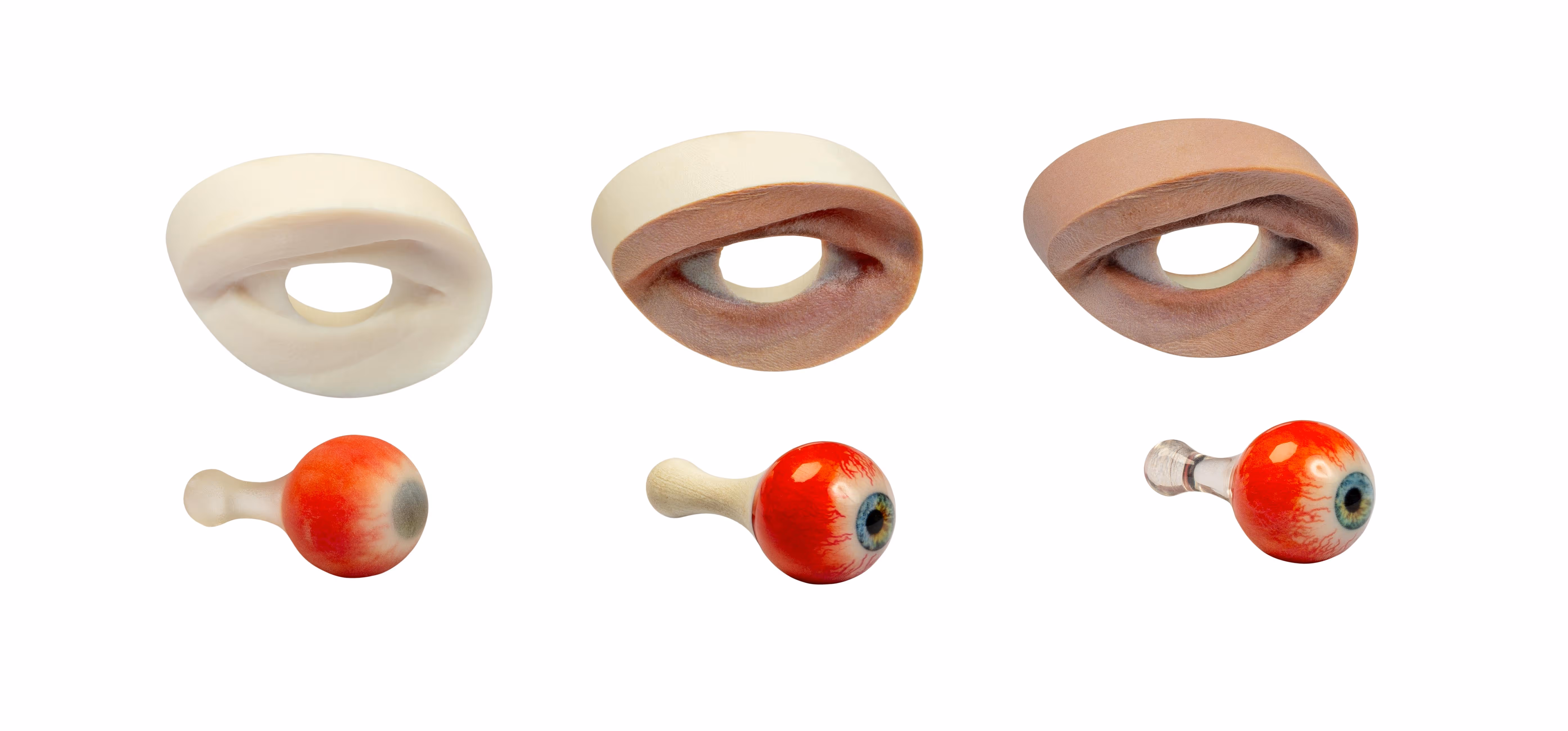 Three realistic model eyes with removable eyeballs and accompanying skin-colored ring bases in varying tones.