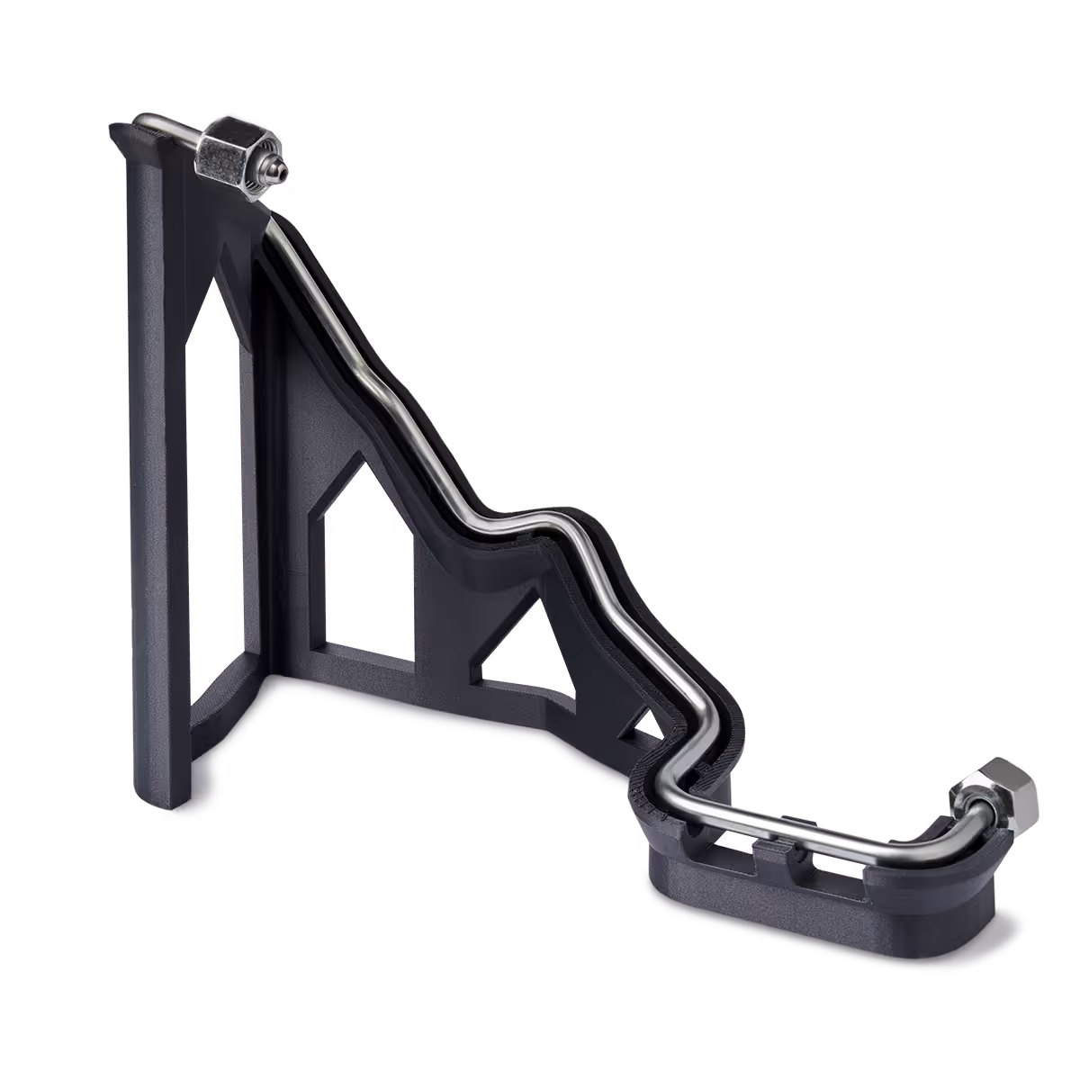 Black angular bracket holding a bent metal fuel pipe with connectors at both ends.