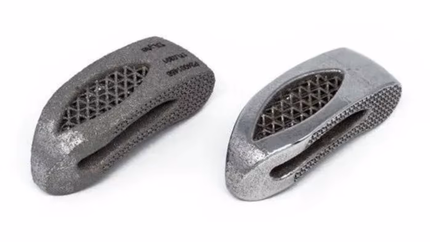 Two metallic, intricately lattice-structured spinal implant devices placed on a white background.