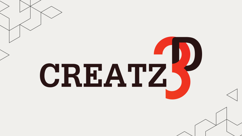 Logo with the word 'CREATZ3D' featuring a stylized red number 3 merged with a black letter D on a light background with geometric line patterns in corners.