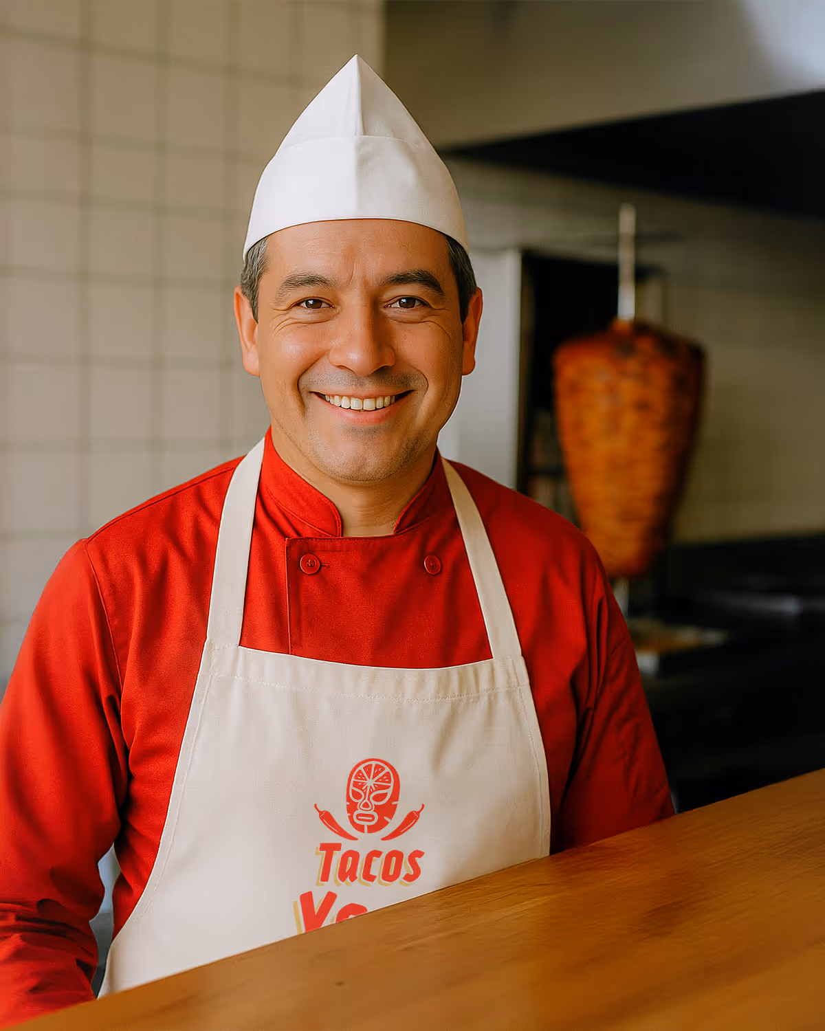 Smiling taquero wearing a white hat, red uniform, and Tacos Yoyo apron, standing at the counter with a trompo of al pastor meat in the background.