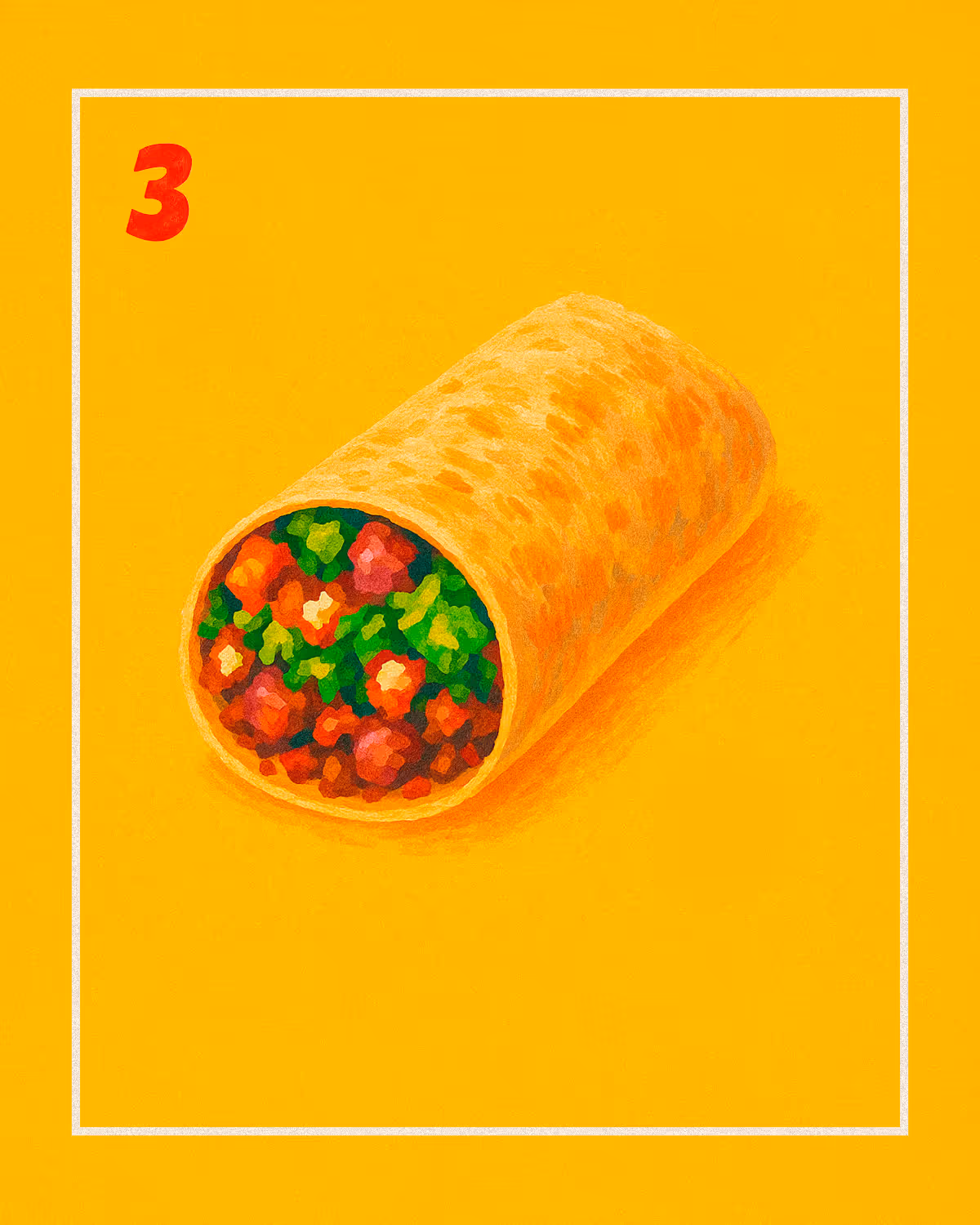 Illustration of a Mexican burrito filled with colorful ingredients like rice, beans, and veggies, on a yellow background from the Tacos Yoyo menu.