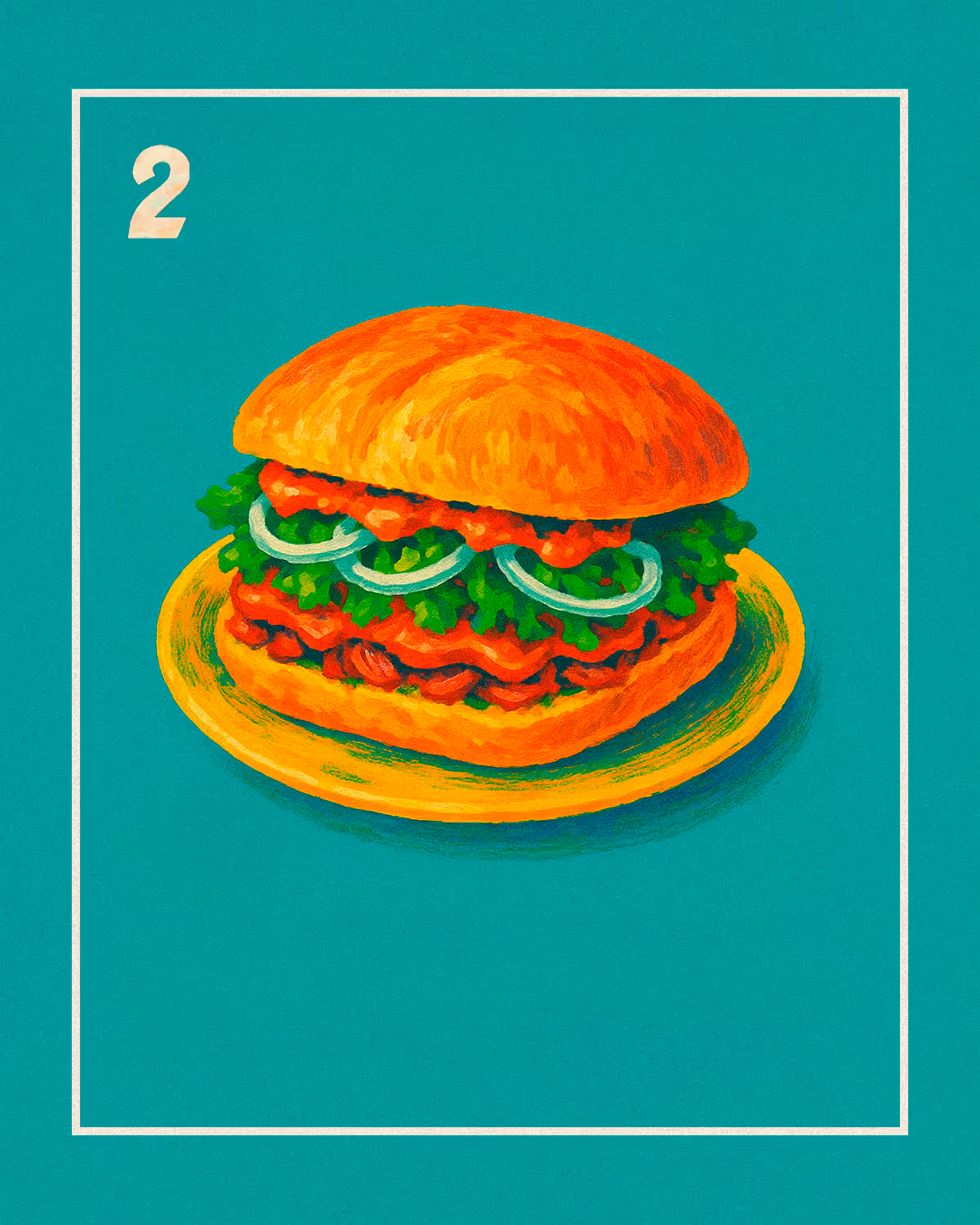 Illustration of a Mexican torta sandwich with shredded meat, lettuce, onions, and salsa on a yellow plate, featured on the Tacos Yoyo menu with a teal background.