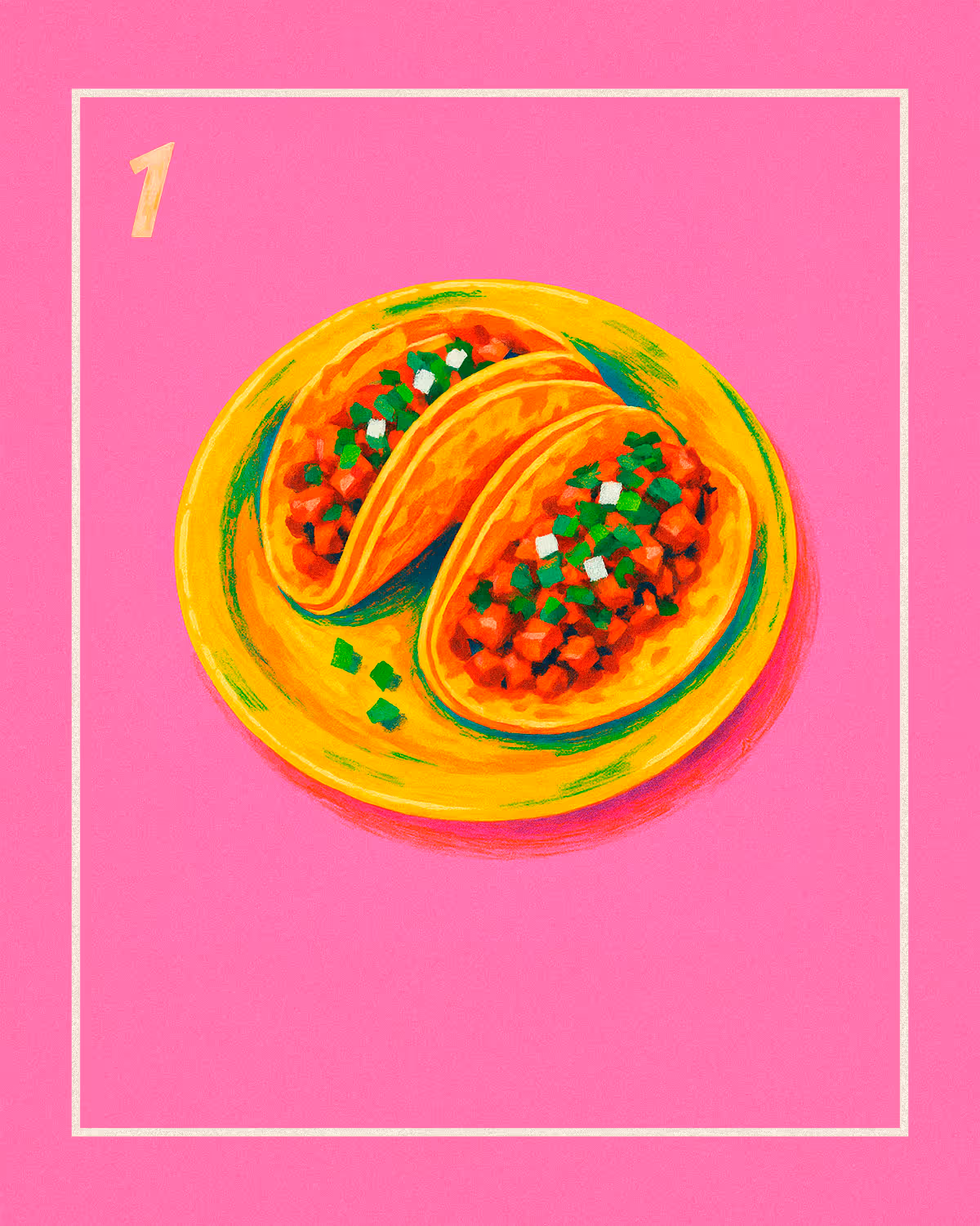Colorful illustration of two Mexican street tacos with meat, onions, and cilantro on a yellow plate, featured on the Tacos Yoyo menu with a pink background.