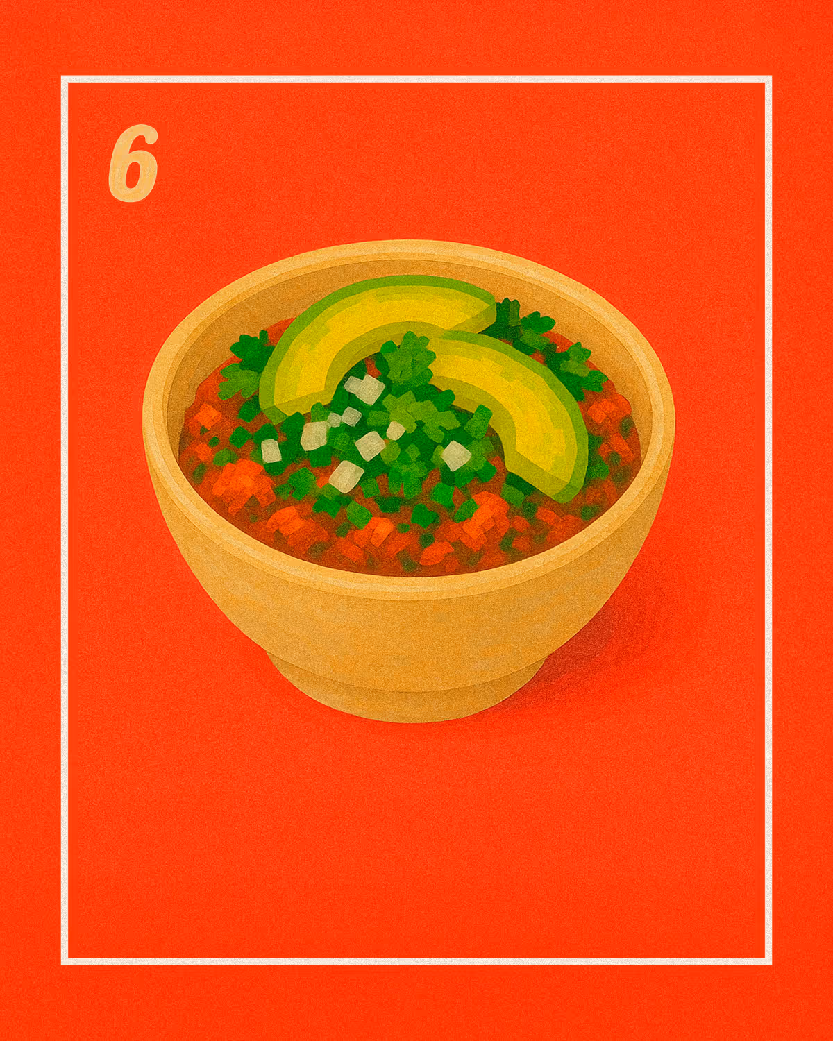 Illustration of a Mexican rice bowl topped with avocado slices, onions, and cilantro on a red background, from Tacos Yoyo's menu.