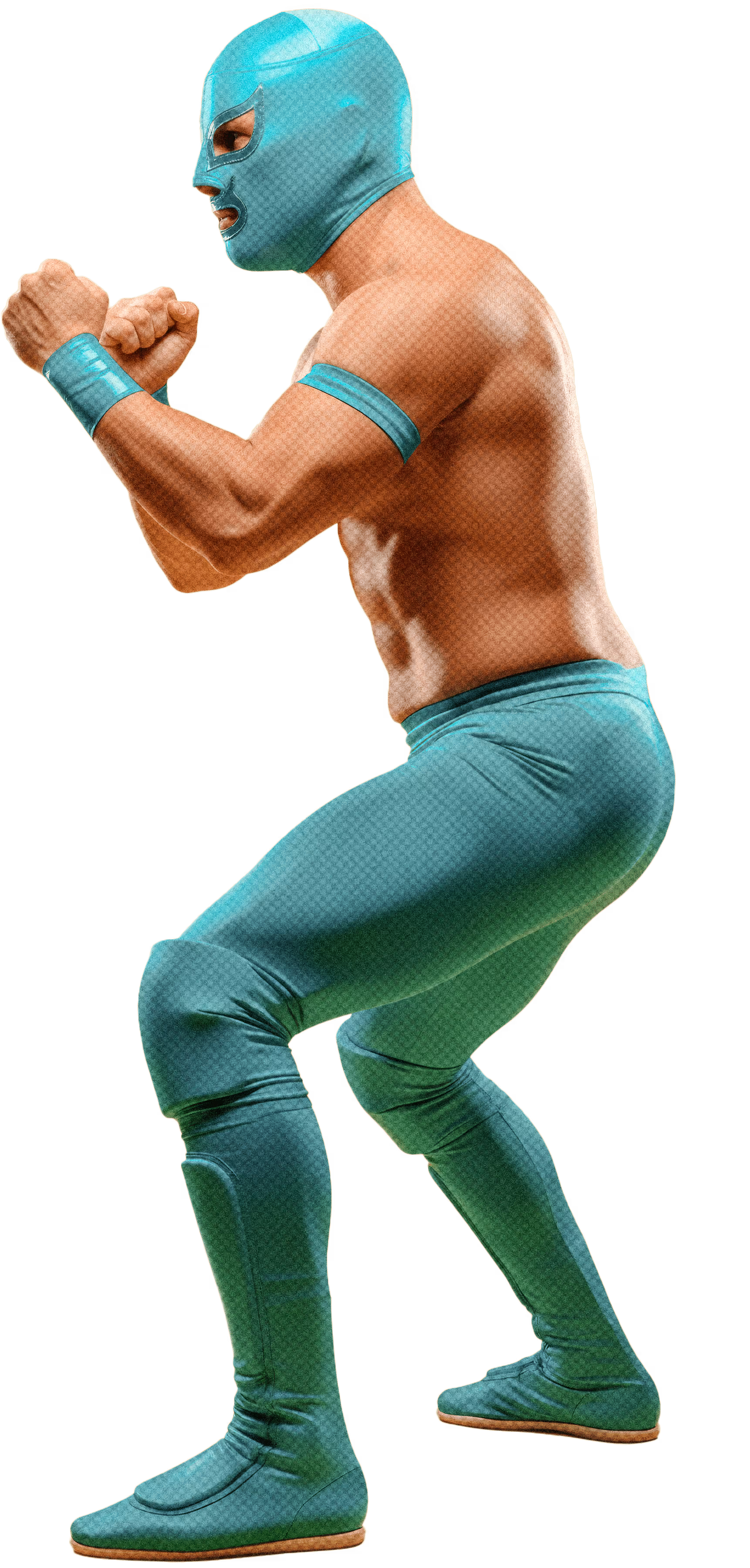 El luchador mexicano The Hunger, vestido con máscara y atuendo de color turquesa, en una pose de combate con los puños en alto.