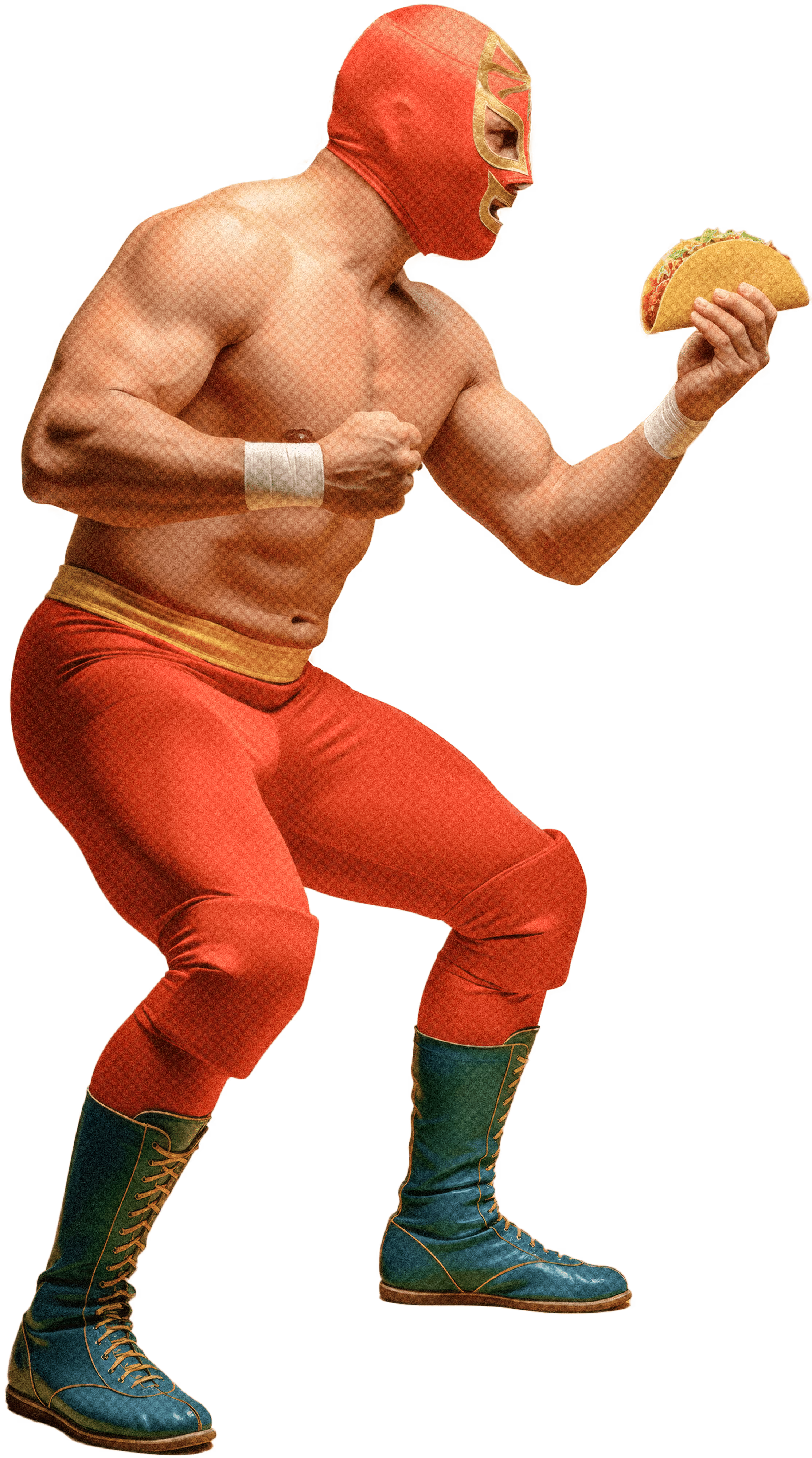 El luchador mexicano Yoyoman, con máscara y traje rojo, posa sin camisa mientras sostiene y mira fijamente un taco en su mano.
