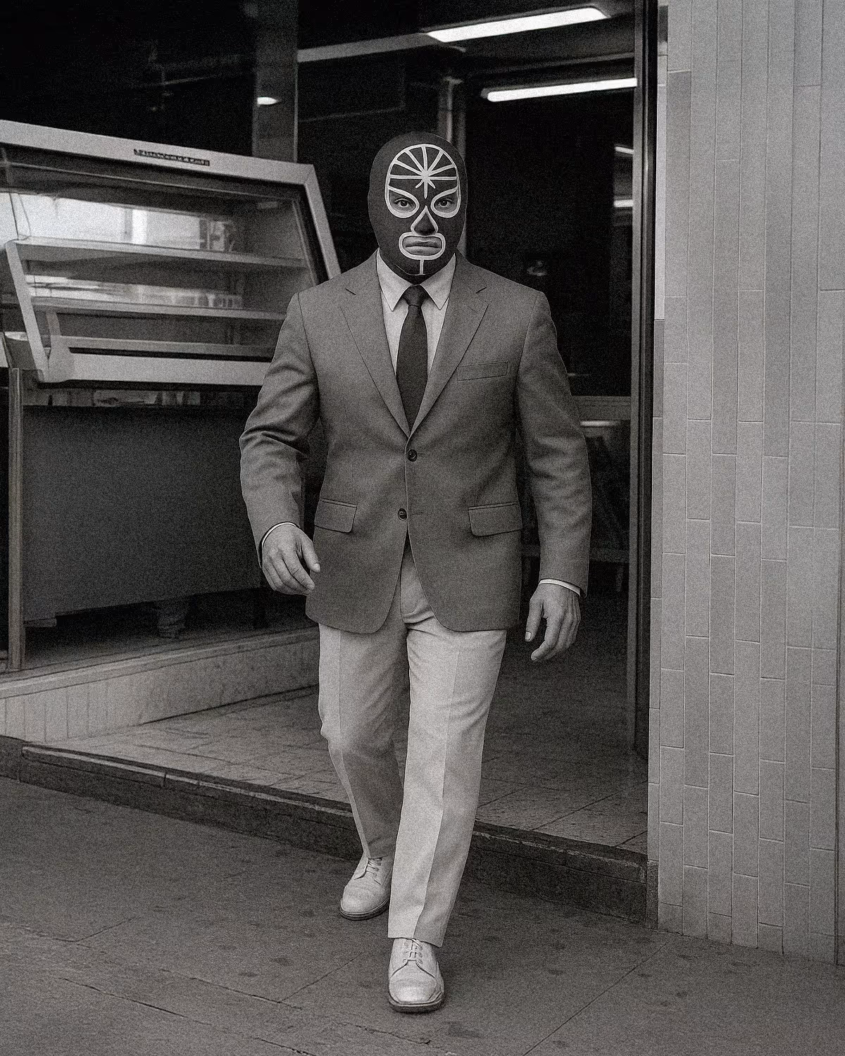 Yoyoman, the official luchador for Tacos Yoyo, walks out of our taqueria on Miami Drive wearing his signature wrestling mask and a suit. Black and white photo.