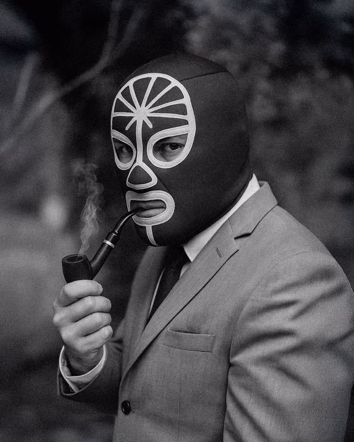 A close-up of Yoyoman, the Tacos Yoyo mascot, wearing his iconic luchador mask while smoking a pipe. Lucha libre themed taqueria in Miami.
