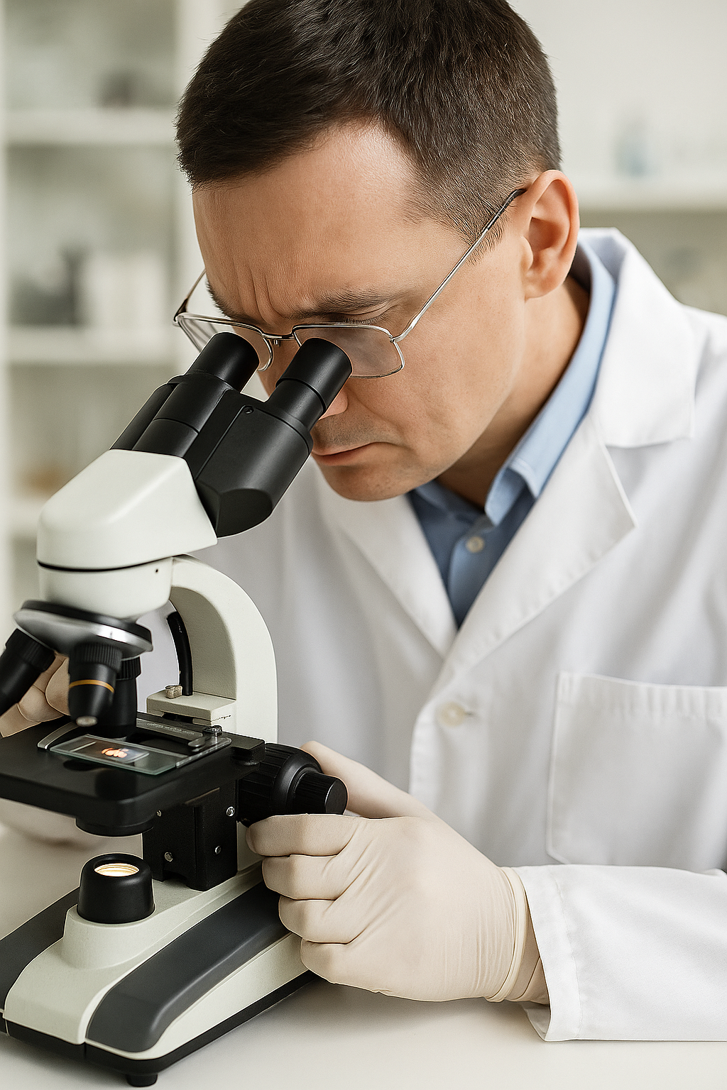 a man watching a microscope