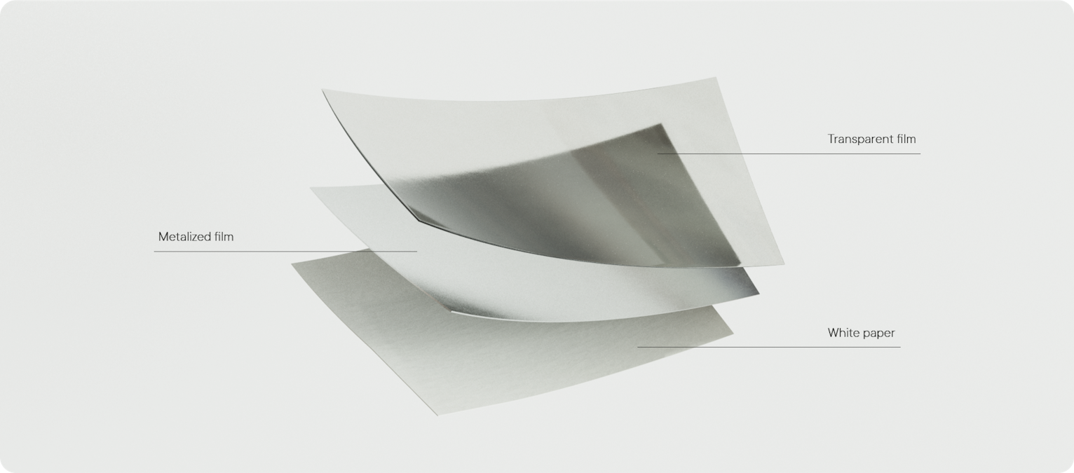 Different layers of compostable packaging material: transparent film, metalized film, white paper