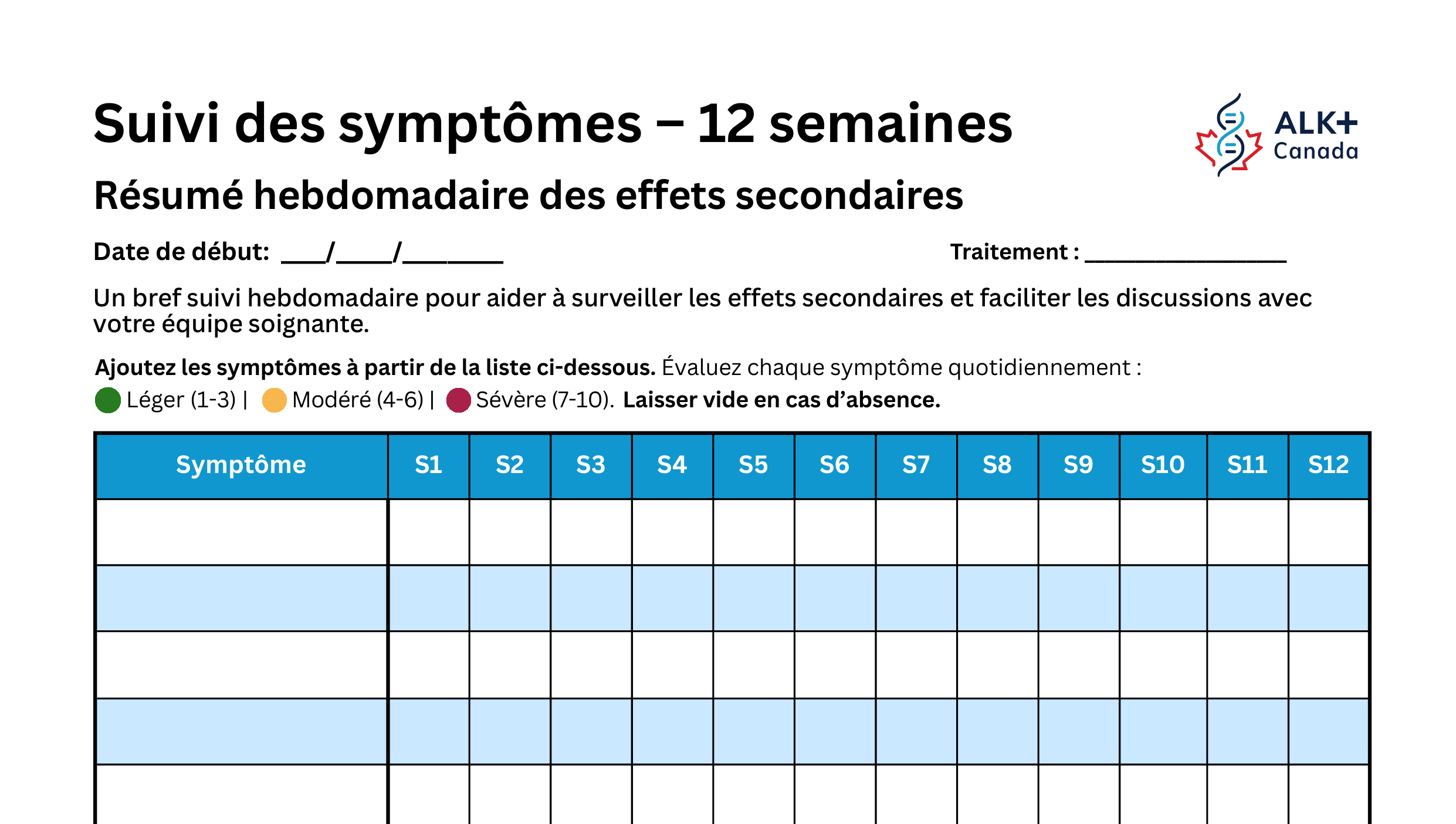 Aperçu du carnet de suivi des symptômes sur 12 semaines