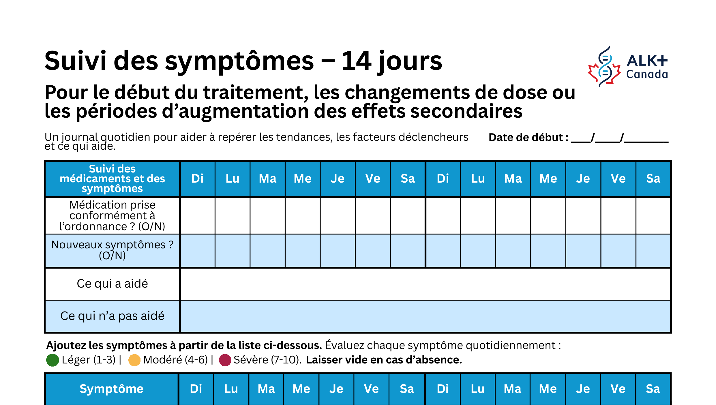 Aperçu du carnet de suivi des symptômes sur 14 jours