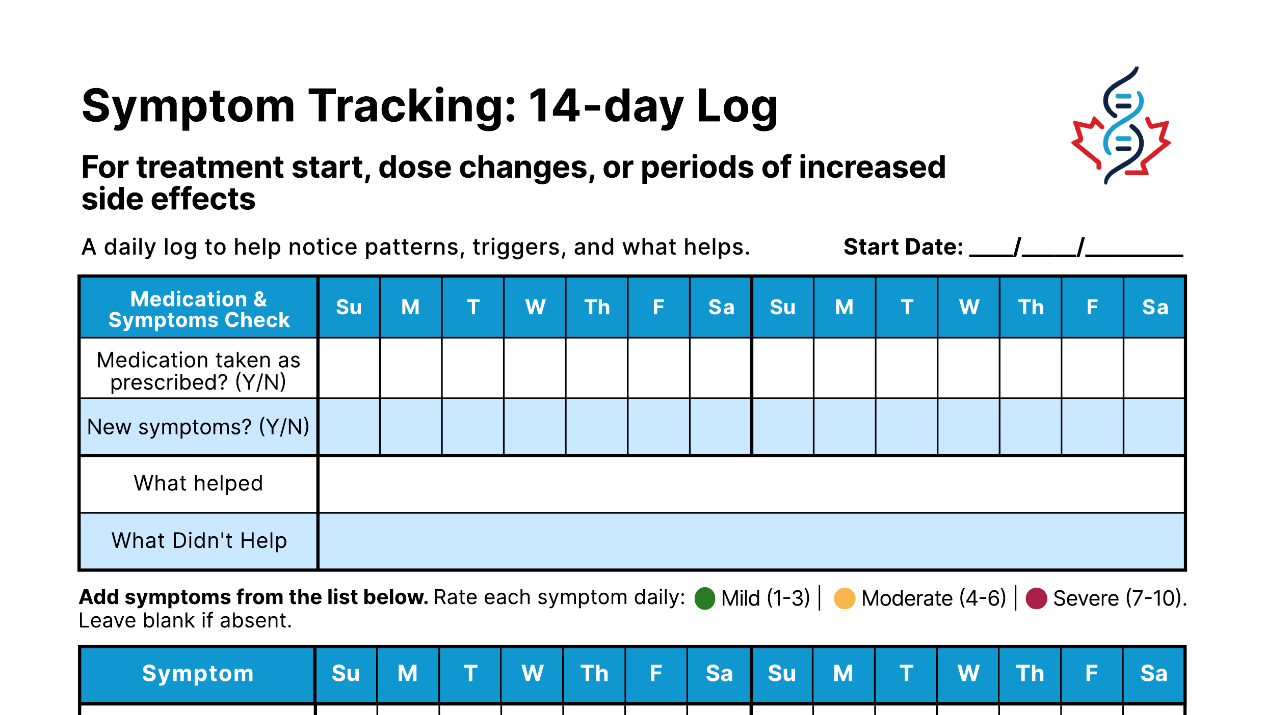 Preview of the 14-Day Symptom Tracking Log
