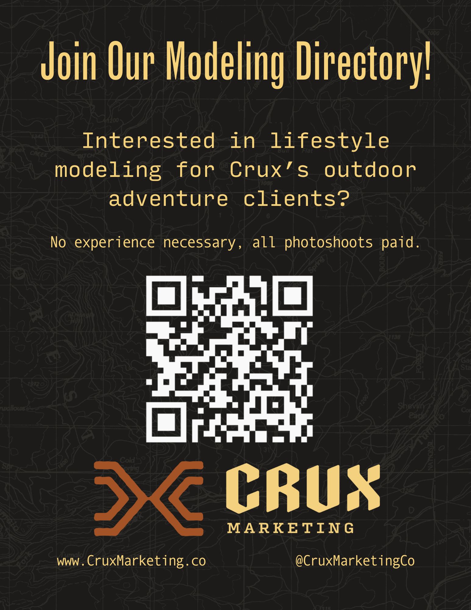 Interested in lifestyle modeling for Crux’s outdoor adventure clients