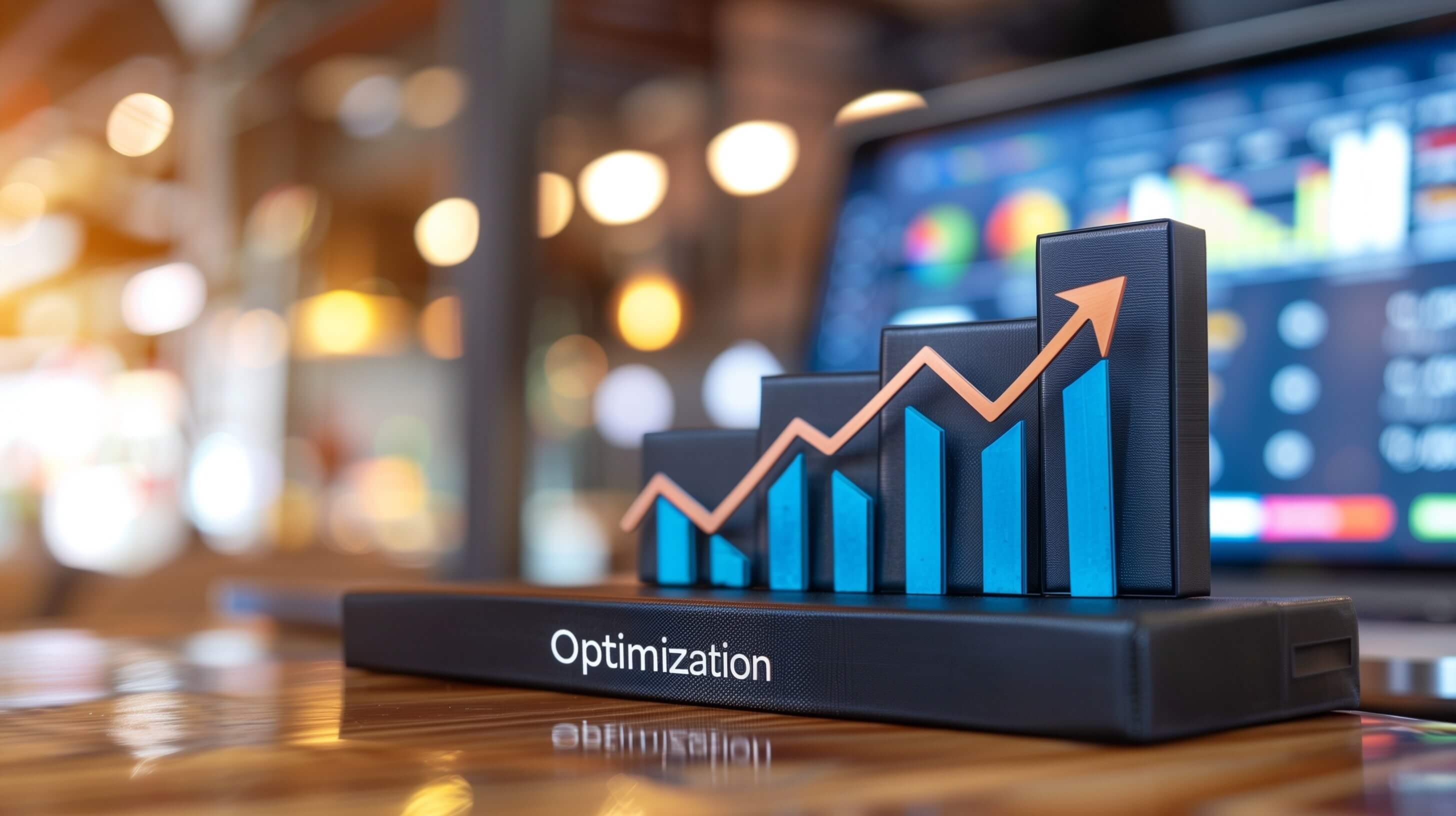 3D bar chart with an upward arrow labeled "Optimization," showing business or website performance growth.
