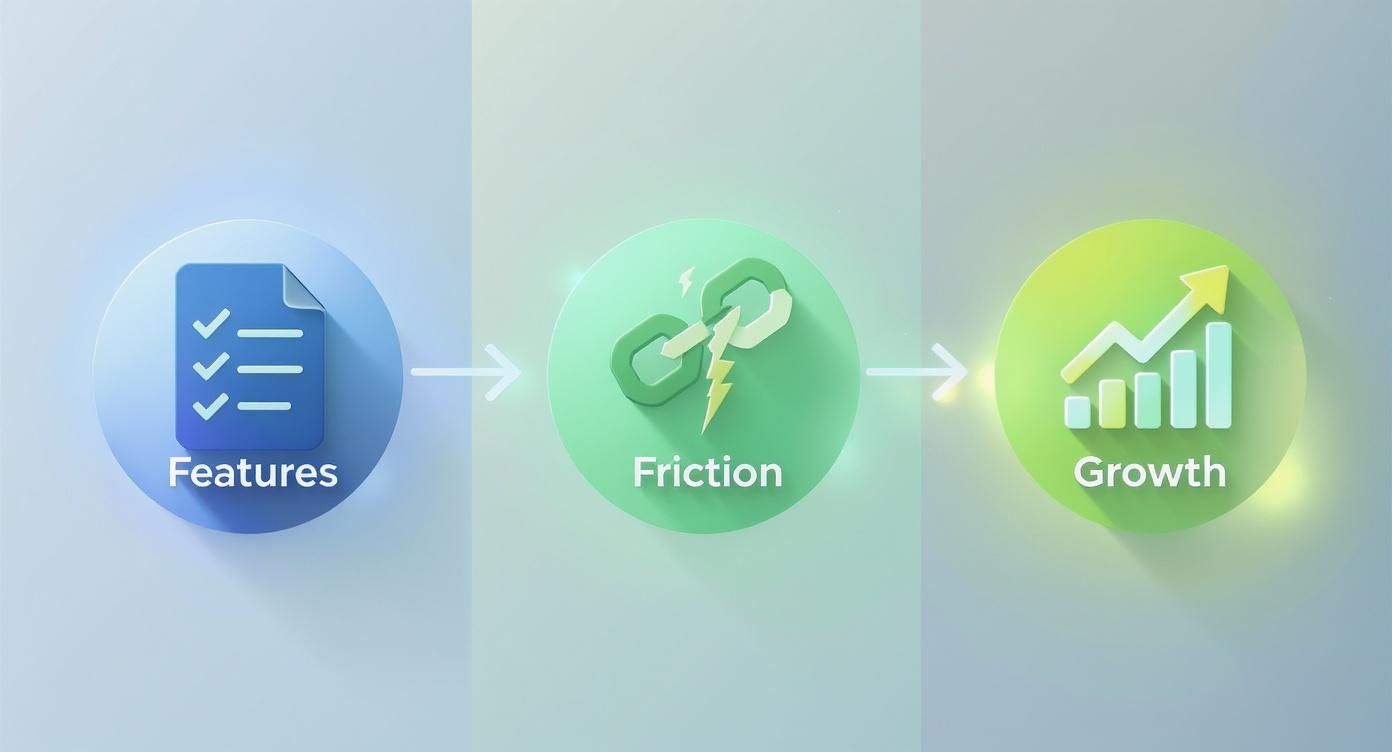 Conceptual diagram illustrating the relationship between product features, user friction, and business growth.