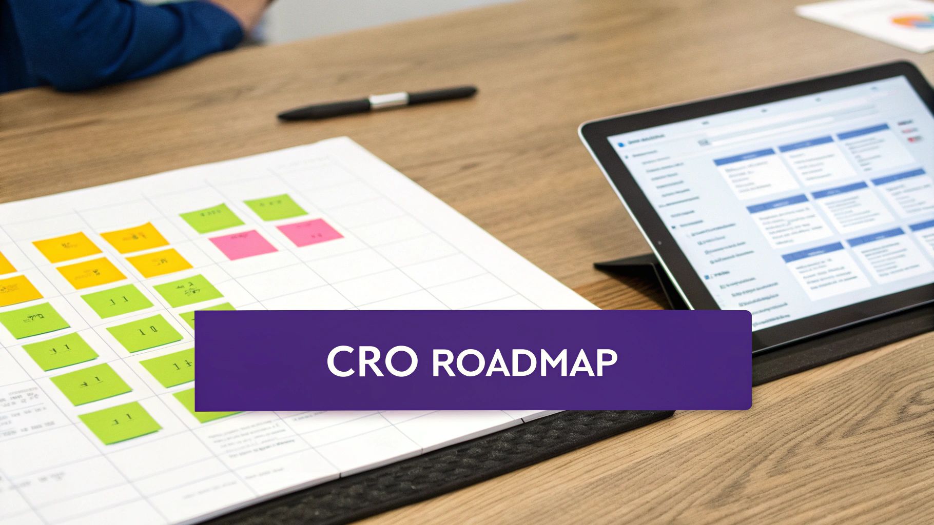 A desk displaying a CRO roadmap banner, sticky notes on a grid, and a tablet with project tasks.