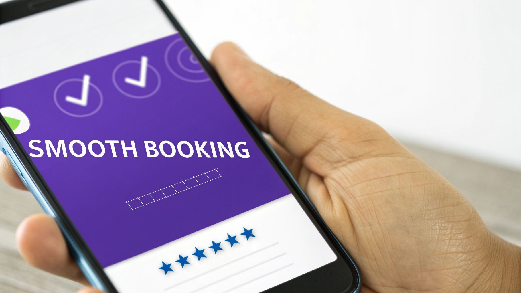 A hand holds a smartphone showing a mobile app with "SMOOTH BOOKING" text, checkmarks, and five stars.