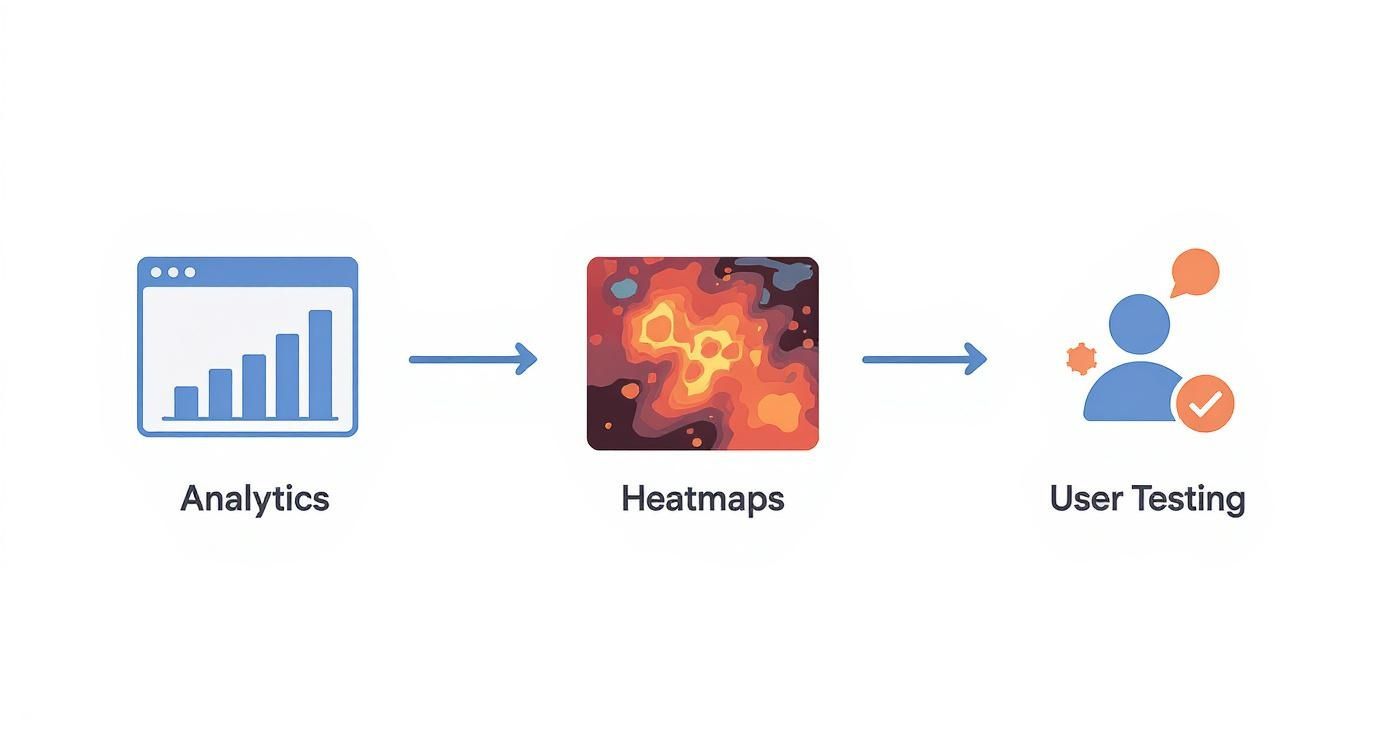 A diagram illustrating the website conversion rate optimization process: Analytics, Heatmaps, and User Testing.